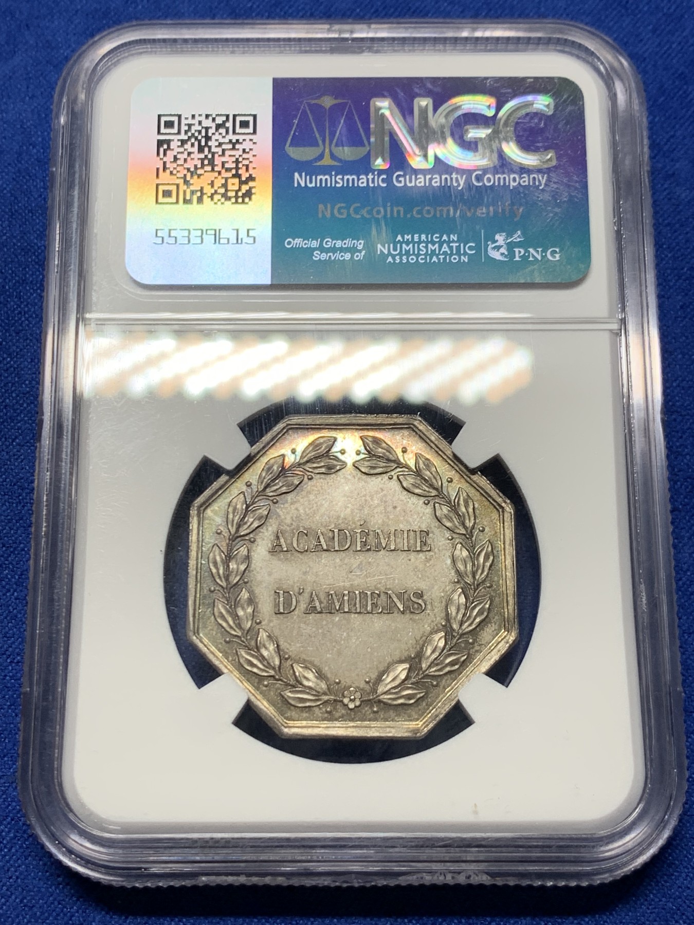 《竞宝斋》第237场- 周日，周一，周二，周日 疯狂4连拍 (全场包邮) NGC MS64 法国 1860-1879 亚眠学院八角代用银币，山上的寺庙配合金色包浆更加万丈光芒