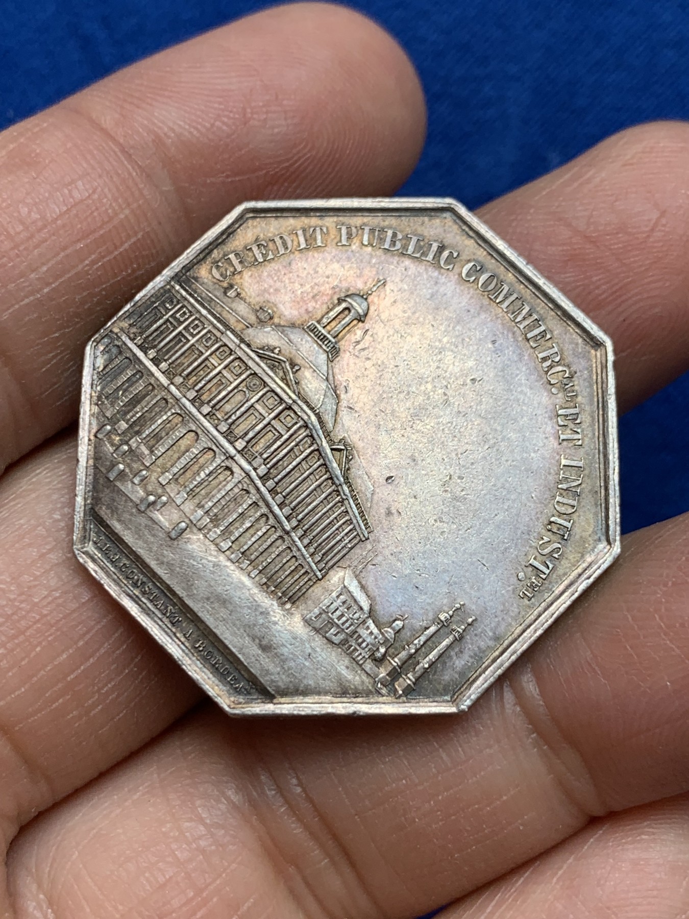 《竞宝斋》第237场- 周日，周一，周二，周日 疯狂4连拍 (全场包邮) 法国 1845-1860 八角银质代币，波尔多证券交易公司，手指边铭 18.20克，34.5毫米