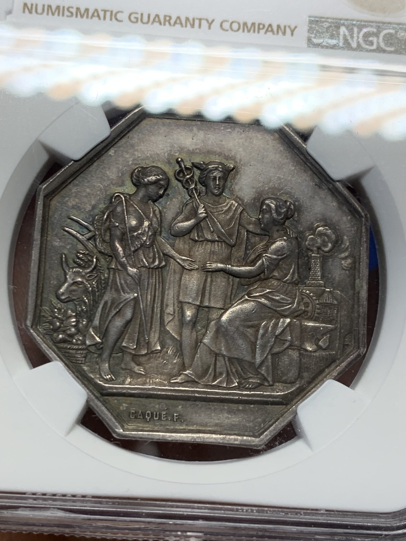 《竞宝斋》第237场- 周日，周一，周二，周日 疯狂4连拍 (全场包邮) NGC MS61 法国1845-1860 圣康坦商会 银质八角代币 少见品种 包浆高点俱在 手指铭  