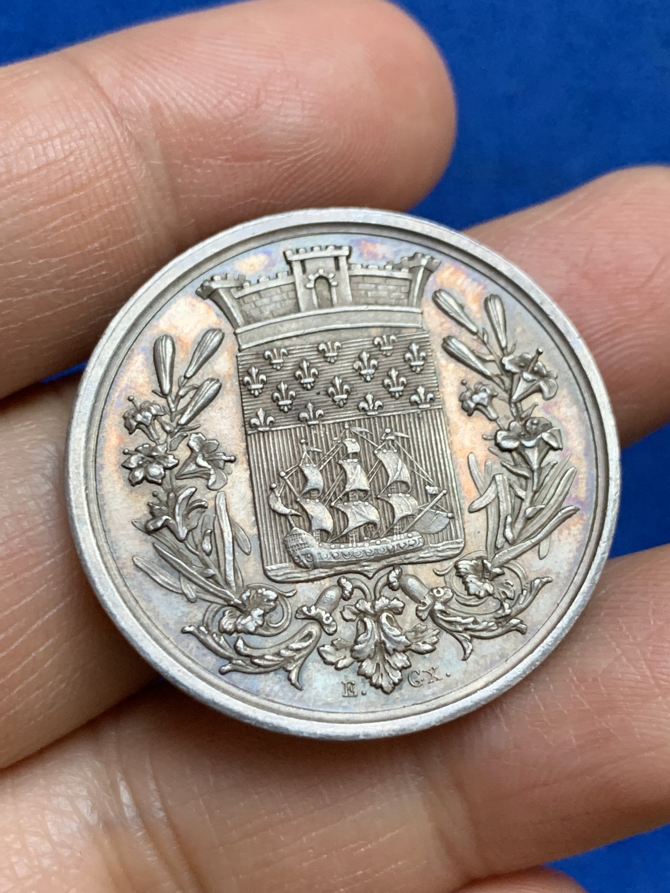 《竞宝斋》第237场- 周日，周一，周二，周日 疯狂4连拍 (全场包邮) 法国巴黎塞纳河行政区银质代币，塞纳河河神，11.33g，32.6mm，早期无边铭