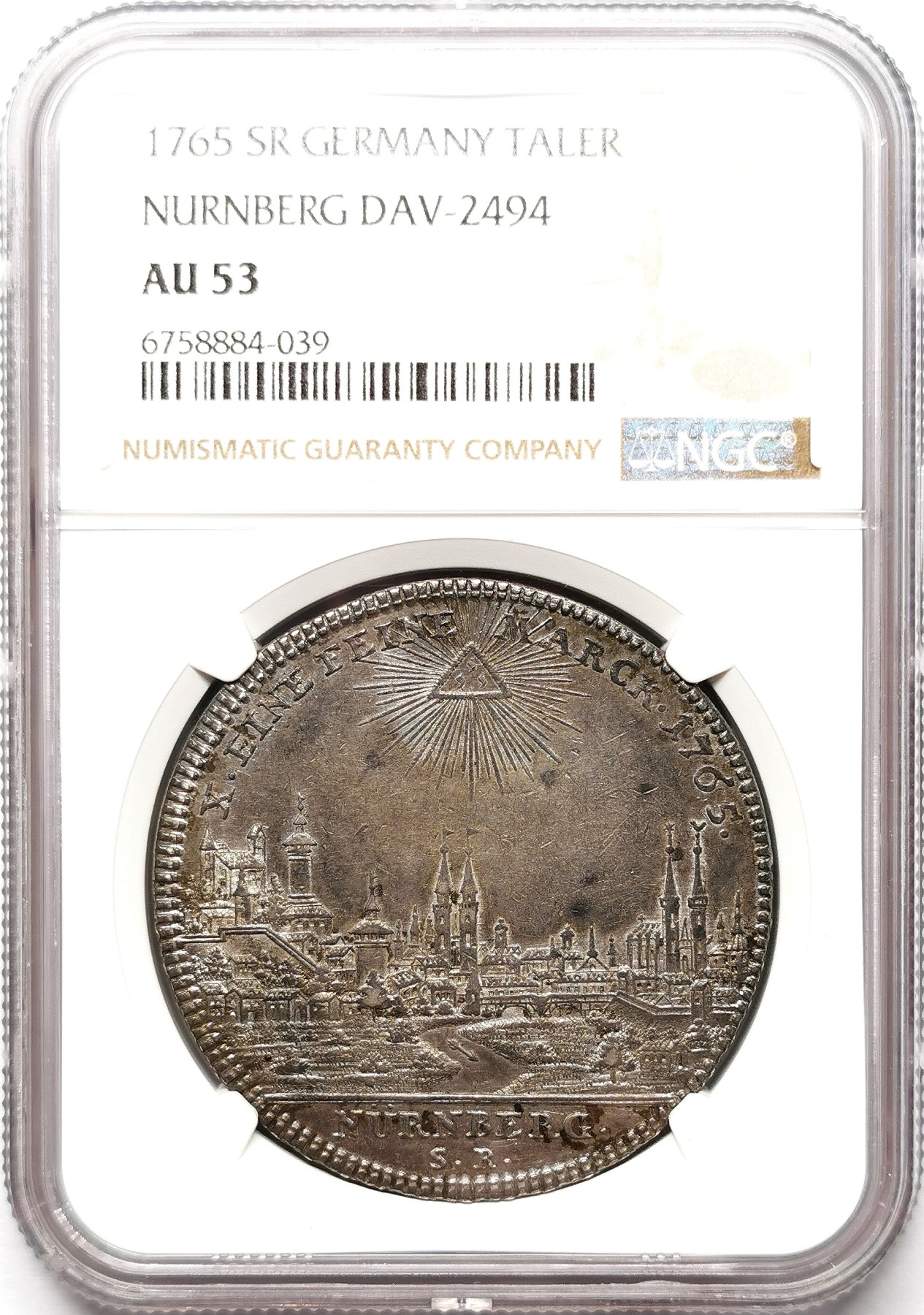 凡希社世界钱币微拍第二百五十九期 1765SR神罗纽伦堡城市景观泰勒大银NGC-AU53 深色五彩味道舒服！