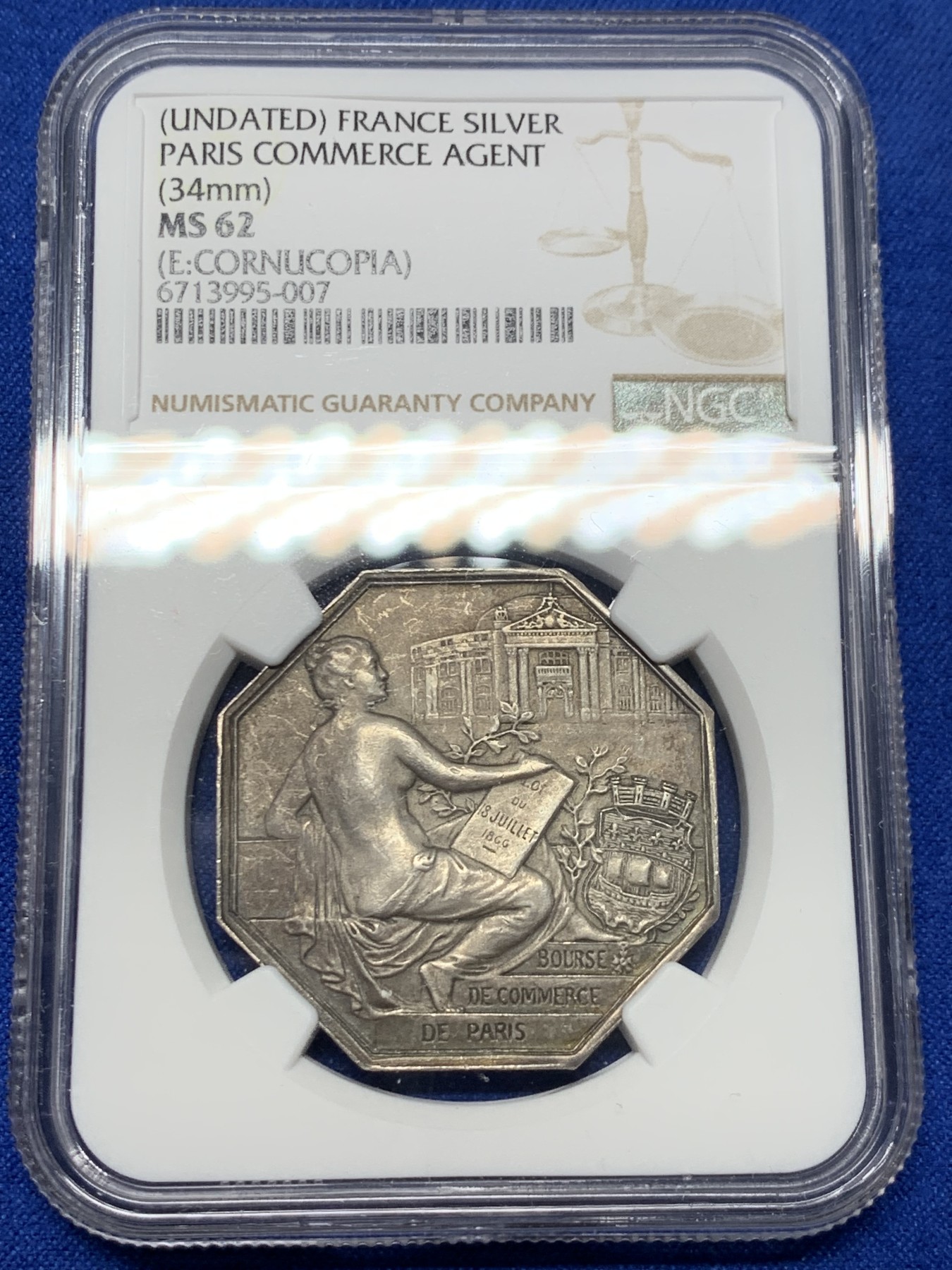 《竞宝斋》第237场- 周日，周一，周二，周日 疯狂4连拍 (全场包邮) NGC MS62 法国  巴黎证券交易所经纪代理人 银质八角代币 首拍品种，少见 