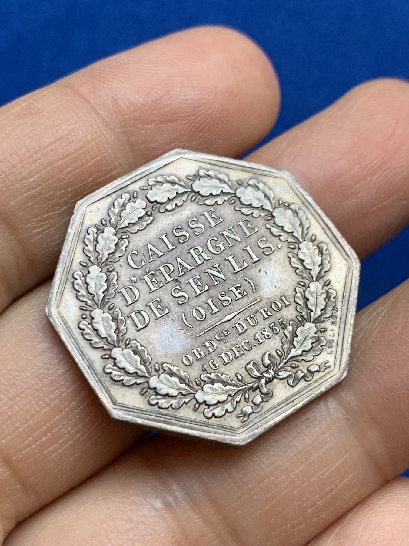 《竞宝斋》第237场- 周日，周一，周二，周日 疯狂4连拍 (全场包邮) 法国桑利斯储蓄银行银质八角代币，13.0g，30.6mm，蜜蜂边铭