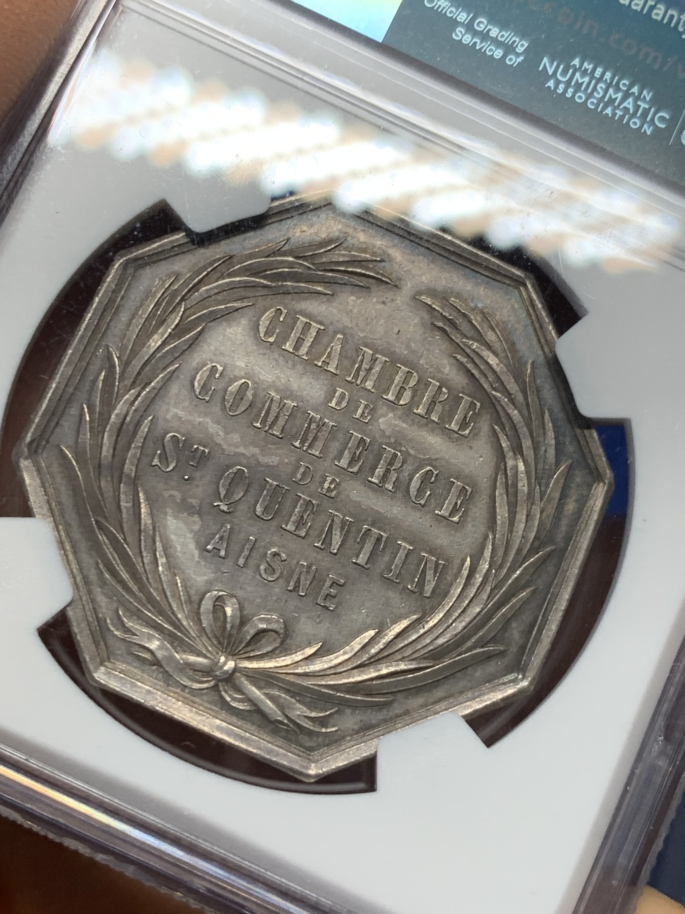 《竞宝斋》第237场- 周日，周一，周二，周日 疯狂4连拍 (全场包邮) NGC MS61 法国1845-1860 圣康坦商会 银质八角代币 少见品种 包浆高点俱在 手指铭  