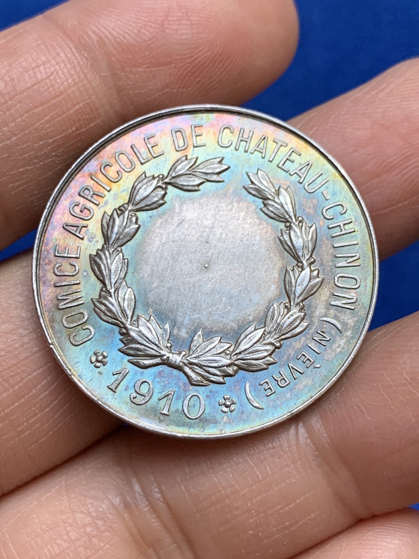 《竞宝斋》第237场- 周日，周一，周二，周日 疯狂4连拍 (全场包邮) 法国希农堡农业展银代币，14.75g，32.7mm，菱形+野猪头ARGET，950/1000，五彩包浆