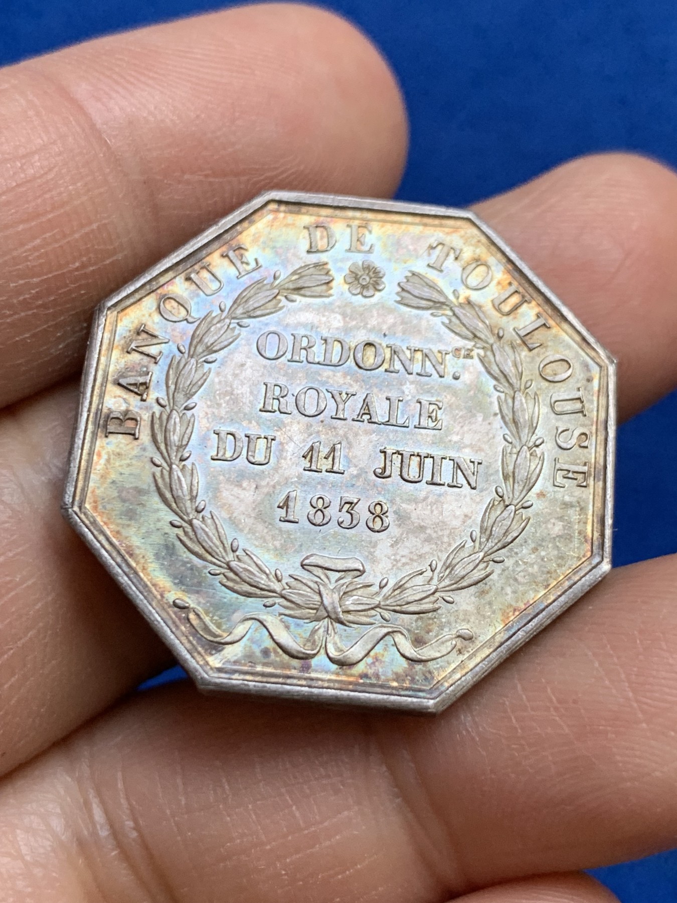 《竞宝斋》第237场- 周日，周一，周二，周日 疯狂4连拍 (全场包邮) 法国JETON银质八角，图卢兹银行，12.00g，30.5mm，1832-1841油灯边铭