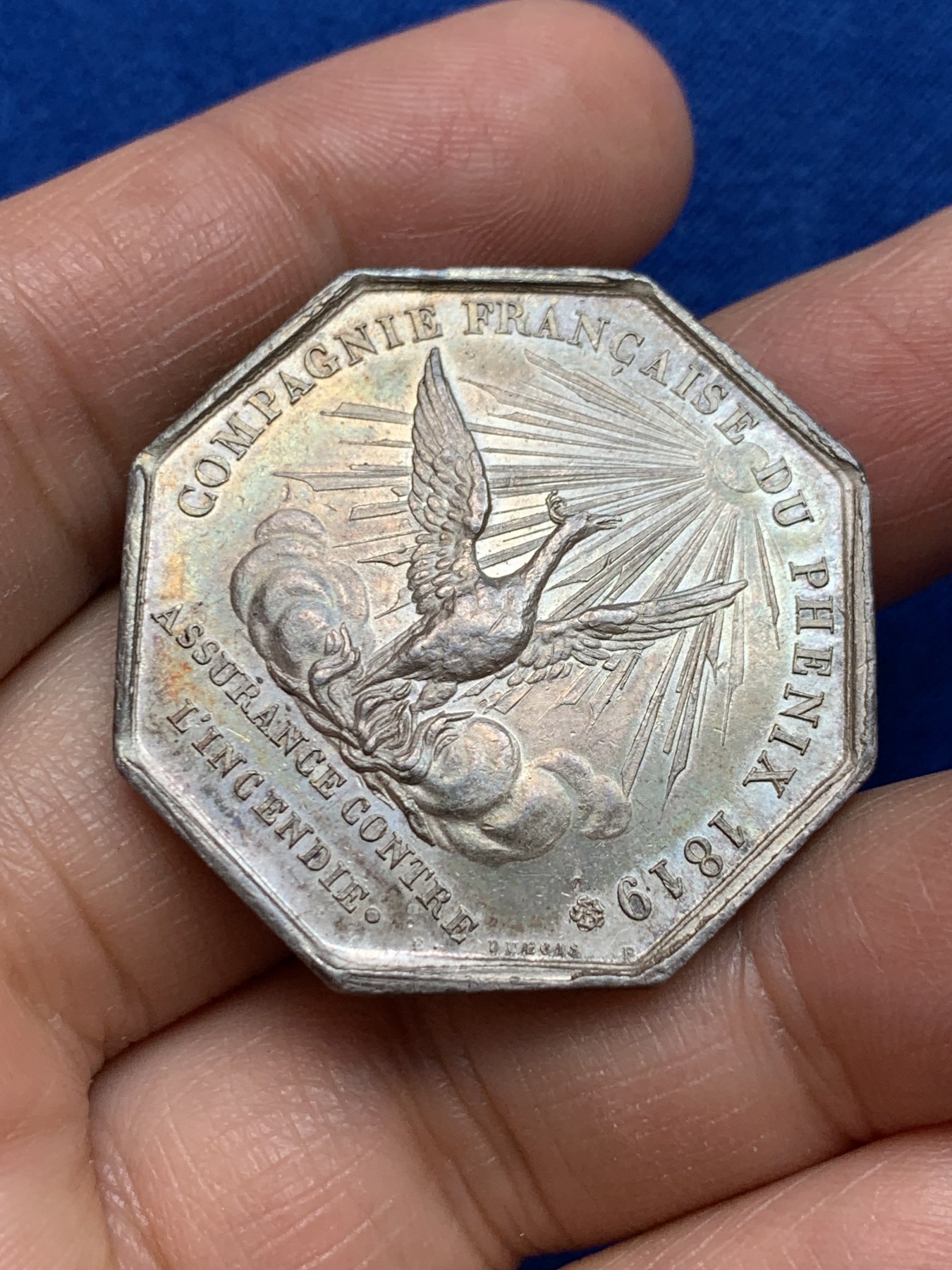 《竞宝斋》第237场- 周日，周一，周二，周日 疯狂4连拍 (全场包邮) 法国 1832-1841 八角银质代币，凤凰火灾保险公司，涅槃重生 菲利普一世头像，神灯边铭 22.82克，36毫米