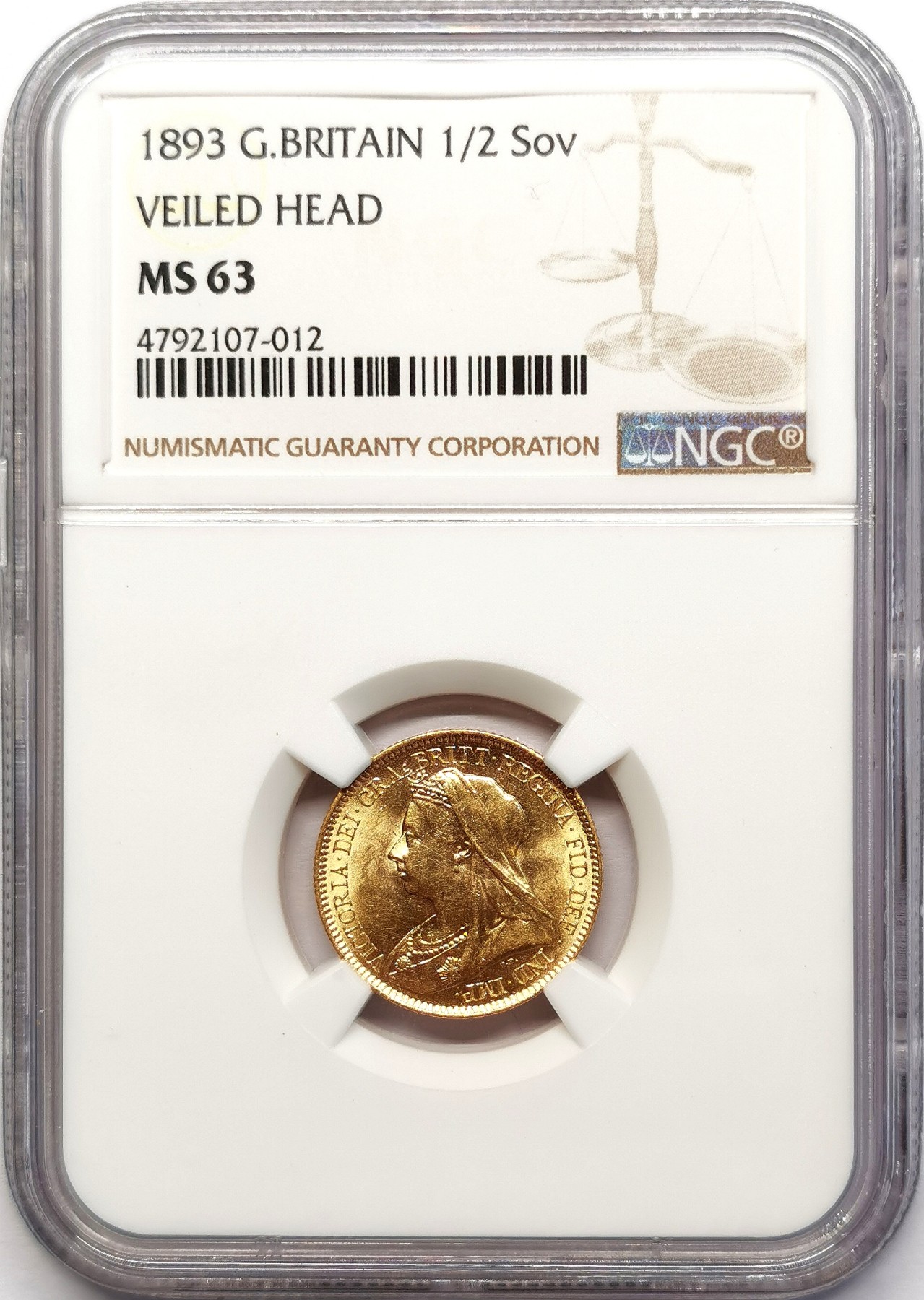 凡希社世界钱币微拍第二百五十九期 1893英国老维批纱1/2索维林金币NGC-MS63 3.994g，917金