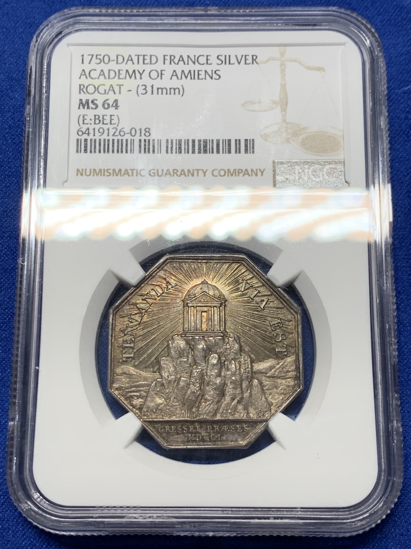 《竞宝斋》第237场- 周日，周一，周二，周日 疯狂4连拍 (全场包邮) NGC MS64 法国 1860-1879 亚眠学院八角代用银币，山上的寺庙配合金色包浆更加万丈光芒