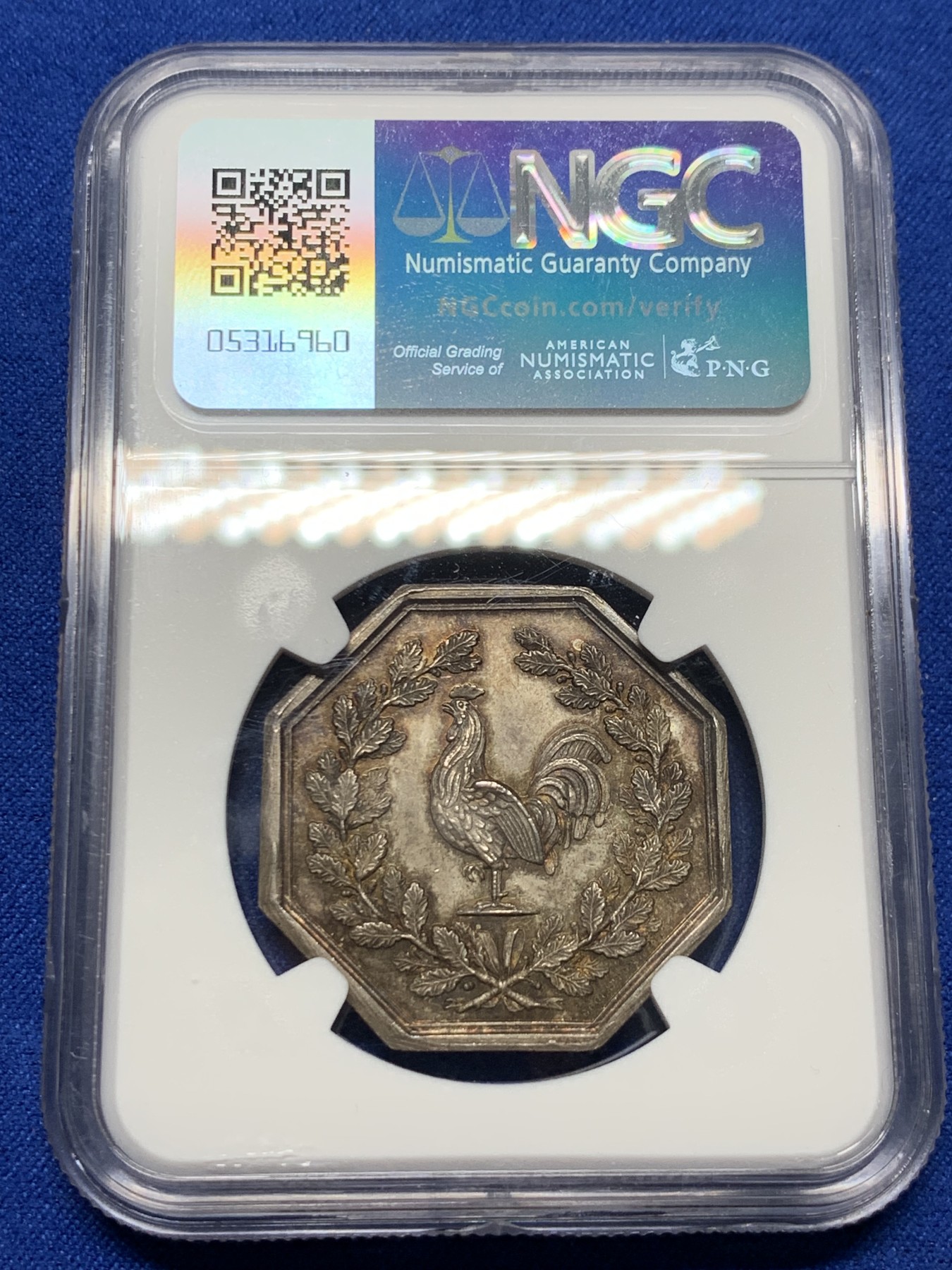 《竞宝斋》第237场- 周日，周一，周二，周日 疯狂4连拍 (全场包邮) NGC MS64 法国 1830 贡比涅公证人 银质八角代币 双面深彩包浆 手指铭早期品种 