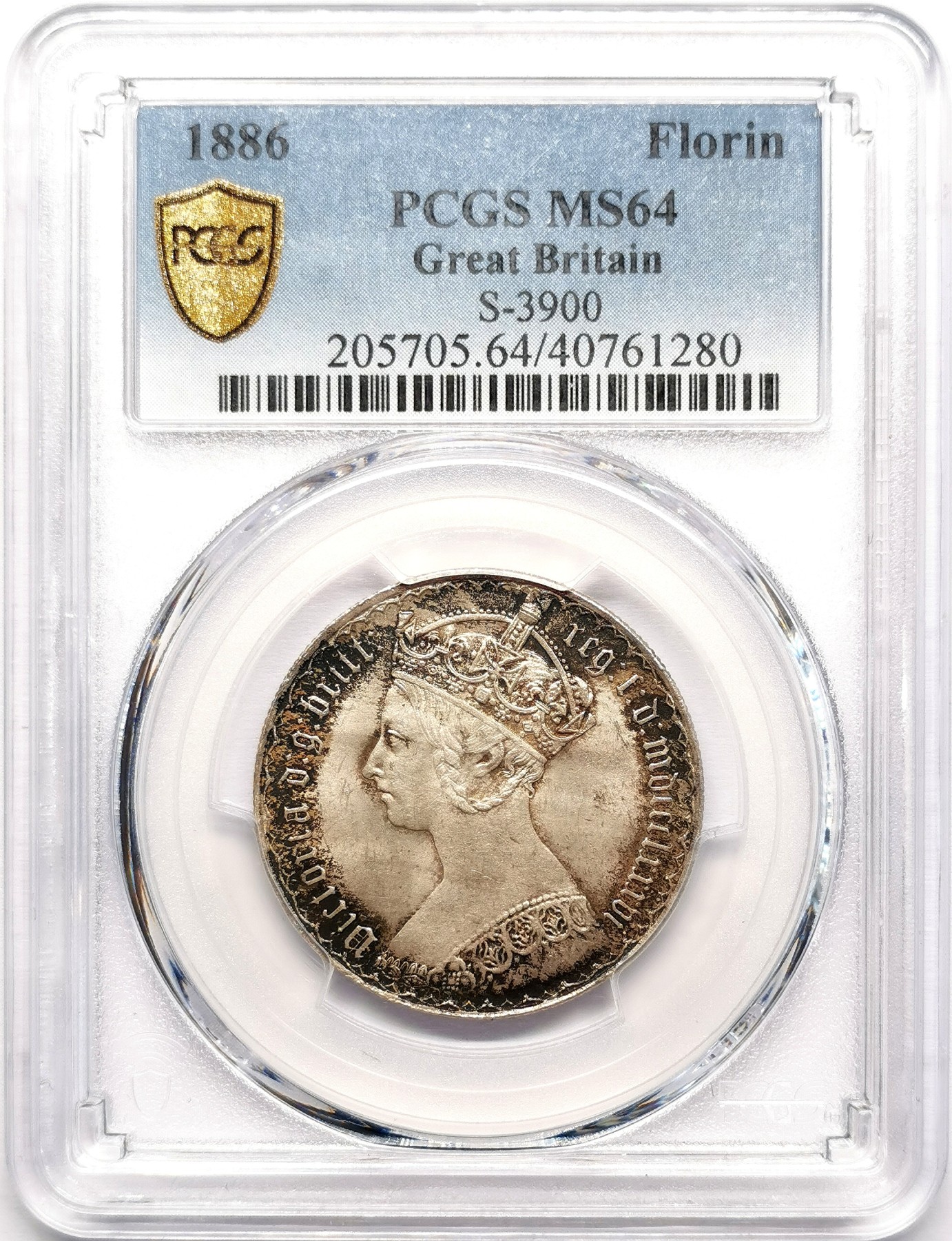 凡希社世界钱币微拍第二百五十九期 荐！1886英国小维哥特式佛罗林PCGS-MS64 华丽的黑金环彩，个性化的视觉审美，被PCGS选为封面顶格币！