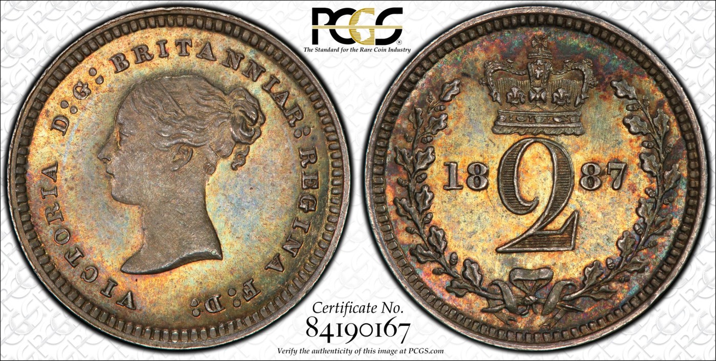 凡希社世界钱币微拍第二百五十九期 荐！1887英国小维濯足币四枚全套PCGS-PL66 精彩绝伦的五彩高分！4便士为P封面币！