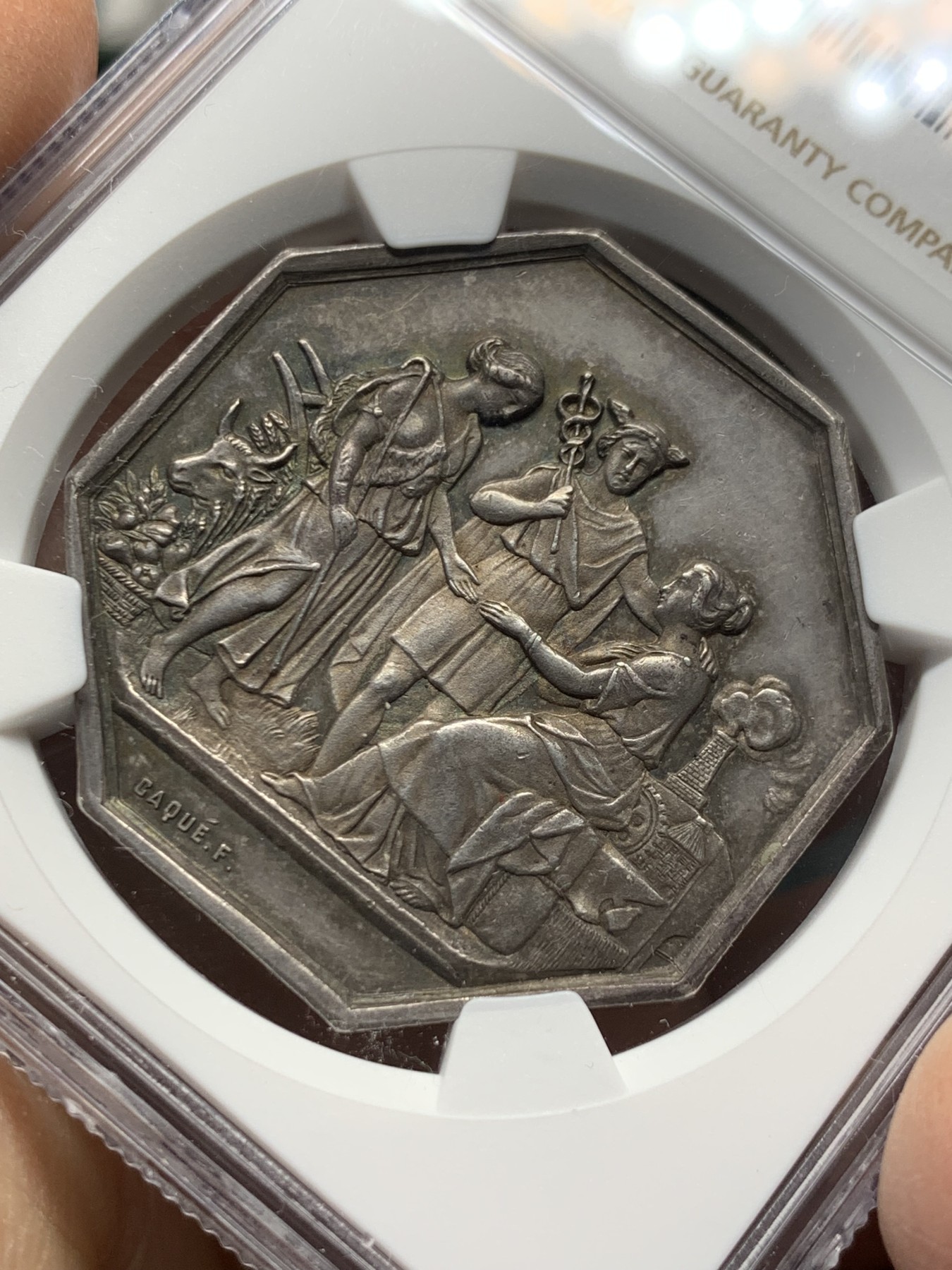 《竞宝斋》第237场- 周日，周一，周二，周日 疯狂4连拍 (全场包邮) NGC MS61 法国1845-1860 圣康坦商会 银质八角代币 少见品种 包浆高点俱在 手指铭  