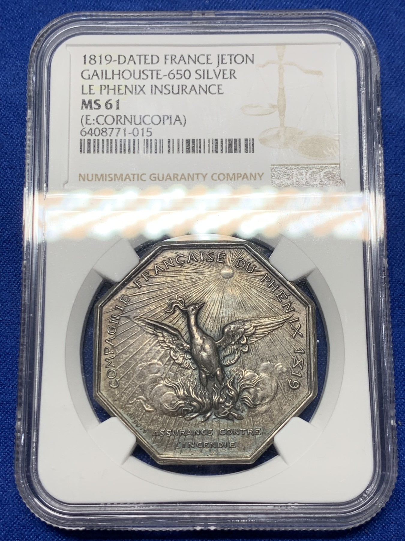 《竞宝斋》第237场- 周日，周一，周二，周日 疯狂4连拍 (全场包邮) NGC MS61 法国 1819 凤凰火灾保险公司 银质八角代币 包浆细节都很好 