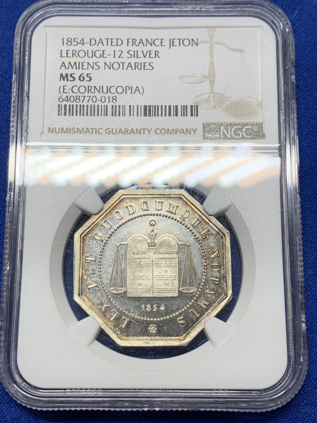 《竞宝斋》第237场- 周日，周一，周二，周日 疯狂4连拍 (全场包邮) NGC-MS65 法国1854年亚眠公证处八角银质代币