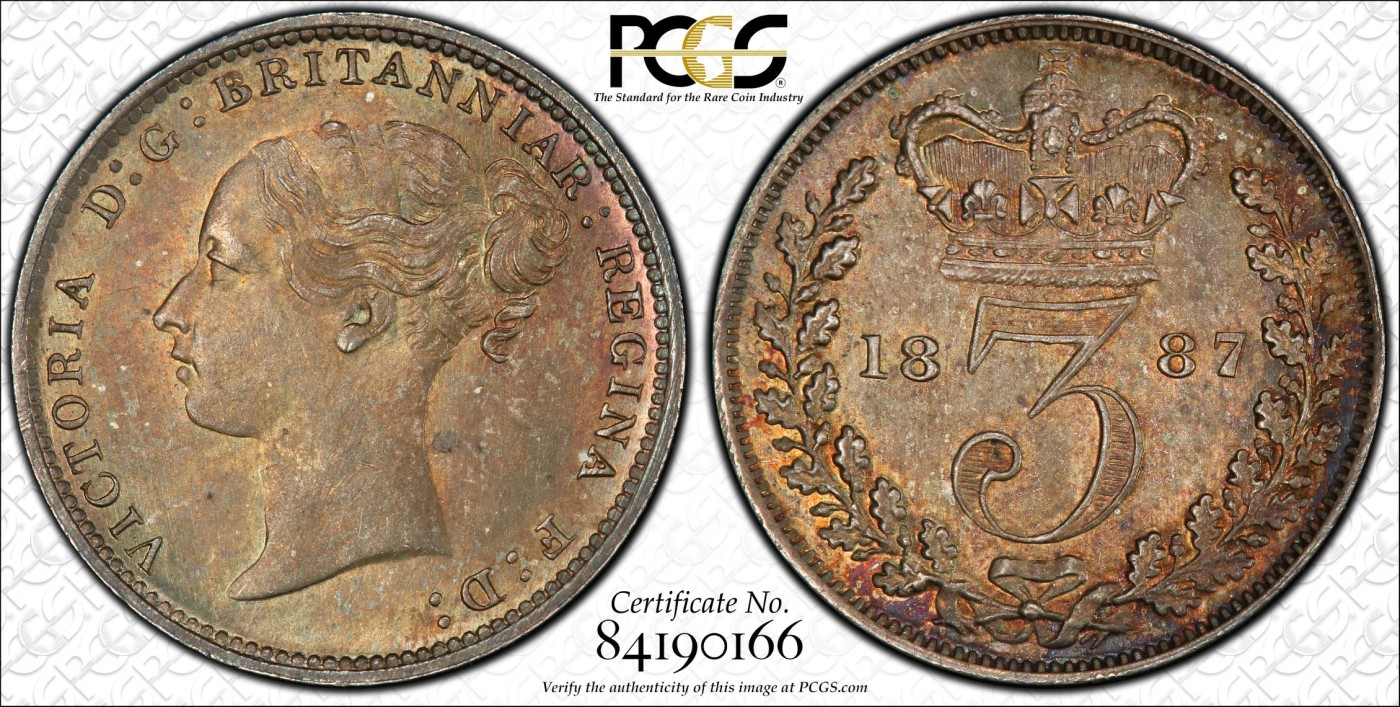 凡希社世界钱币微拍第二百五十九期 荐！1887英国小维濯足币四枚全套PCGS-PL66 精彩绝伦的五彩高分！4便士为P封面币！
