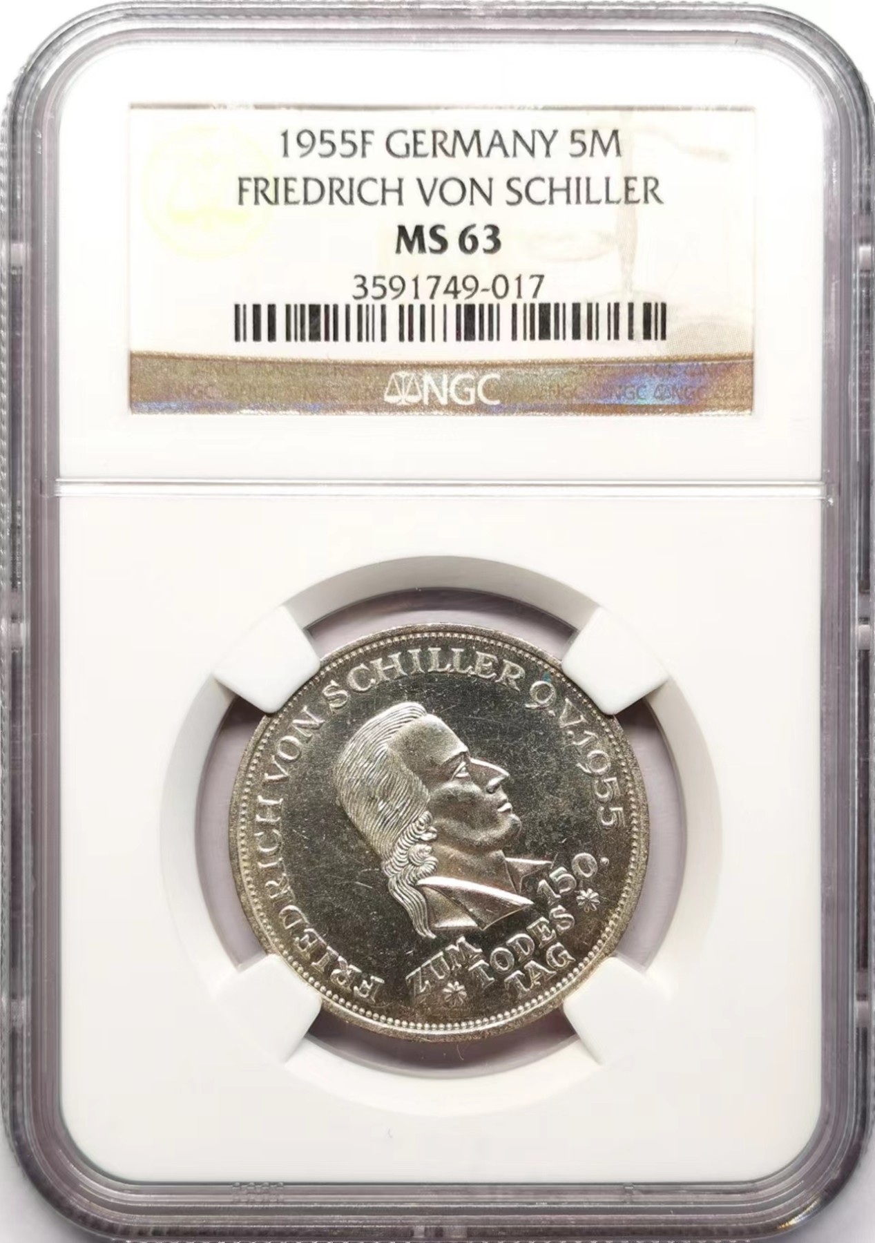 凡希社世界钱币微拍第二百五十九期 1955F联邦德国席勒5马克纪念银币NGC-MS63 西德五珍之一