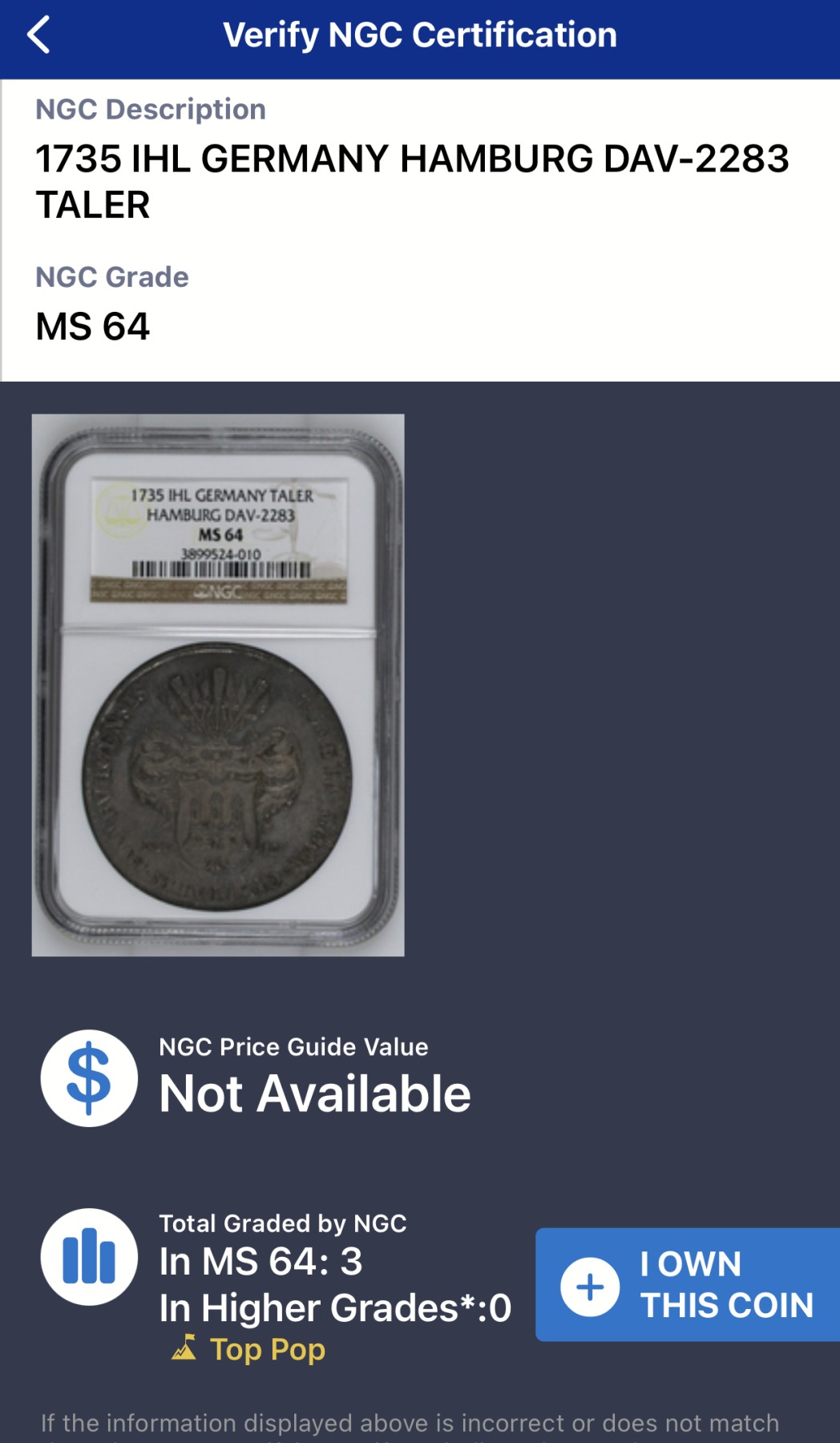 凡希社世界钱币微拍第二百五十九期 荐！1735IHL汉萨同盟汉堡自由市盾徽与双头鹰泰勒大银NGC-MS64 一年型，N冠军分，迷人的欧陆哑光五彩，德系藏家不可错过的一枚！