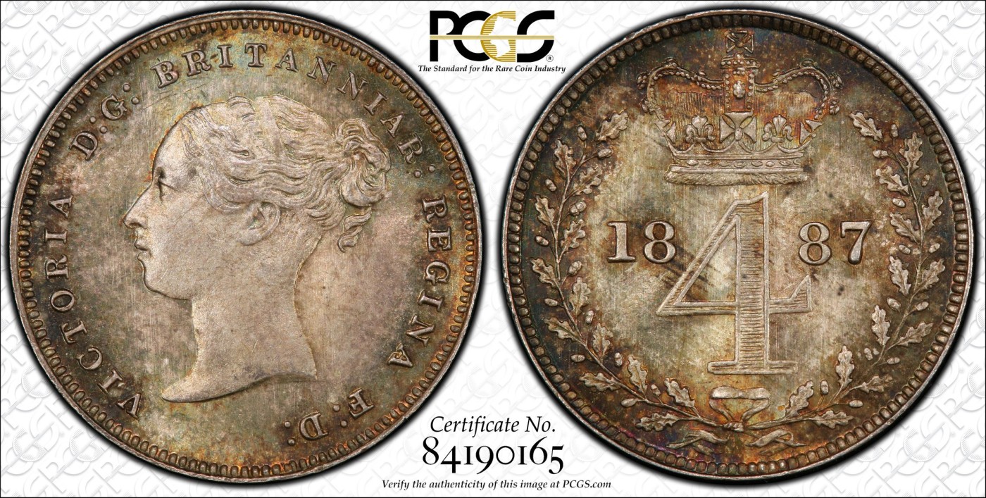 凡希社世界钱币微拍第二百五十九期 荐！1887英国小维濯足币四枚全套PCGS-PL66 精彩绝伦的五彩高分！4便士为P封面币！
