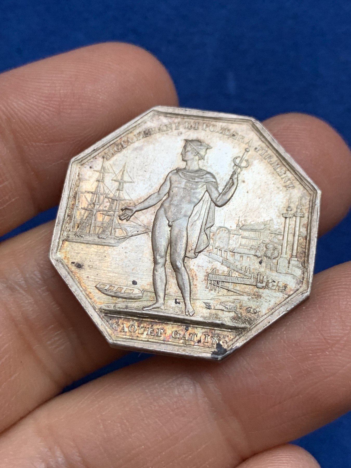 《竞宝斋》第237场- 周日，周一，周二，周日 疯狂4连拍 (全场包邮) 法国波尔多商会八角银质jeton代币，12.57g，30.5mm，手指边铭