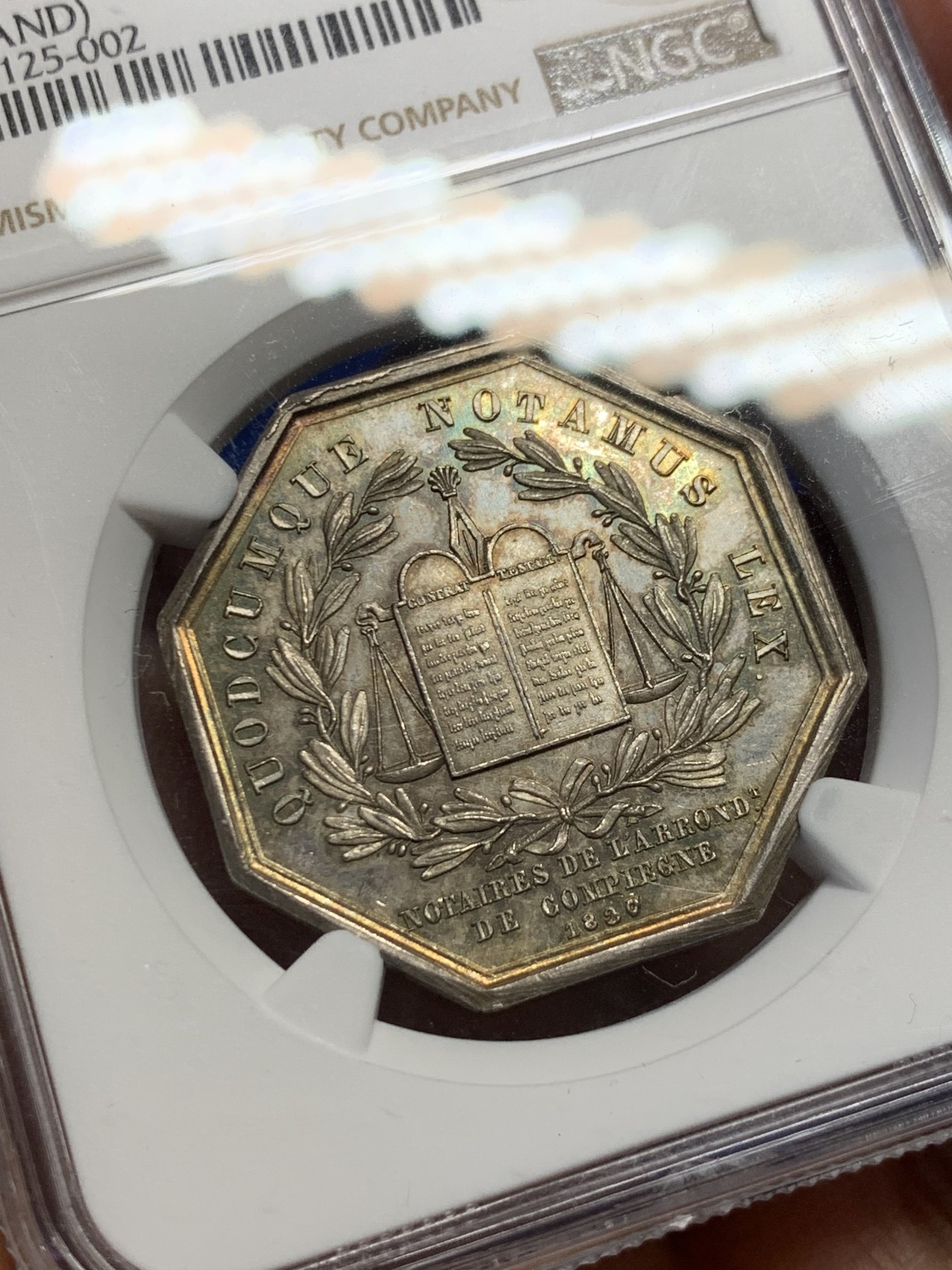《竞宝斋》第237场- 周日，周一，周二，周日 疯狂4连拍 (全场包邮) NGC MS64 法国 1830 贡比涅公证人 银质八角代币 双面深彩包浆 手指铭早期品种 