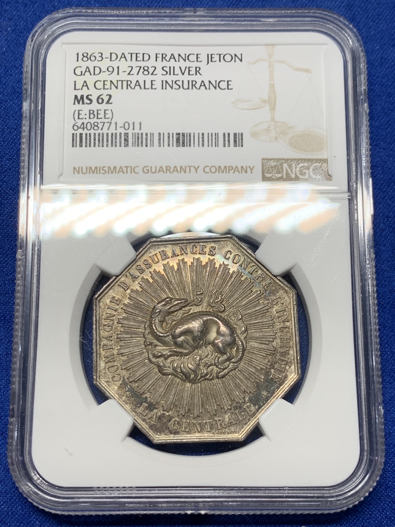《竞宝斋》第237场- 周日，周一，周二，周日 疯狂4连拍 (全场包邮) NGC MS62 法国 1863 中央保险公司 小火龙 银质八角代币 蜜蜂边铭 漂亮  