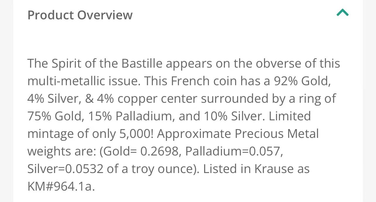 凡希社世界钱币微拍第二百五十九期 1988法国巴士底狱精神鼓舞法兰西10法郎三金属币NGC-PF69UC 收藏级品相，影响整体历史走向的重大事件，币环银钯合金，币芯920金，具体规格见附图三。