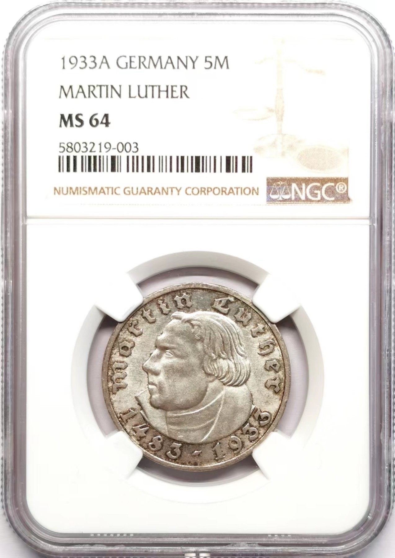 凡希社世界钱币微拍第二百五十九期 1933A德国路德5马克纪念银币NGC-MS64