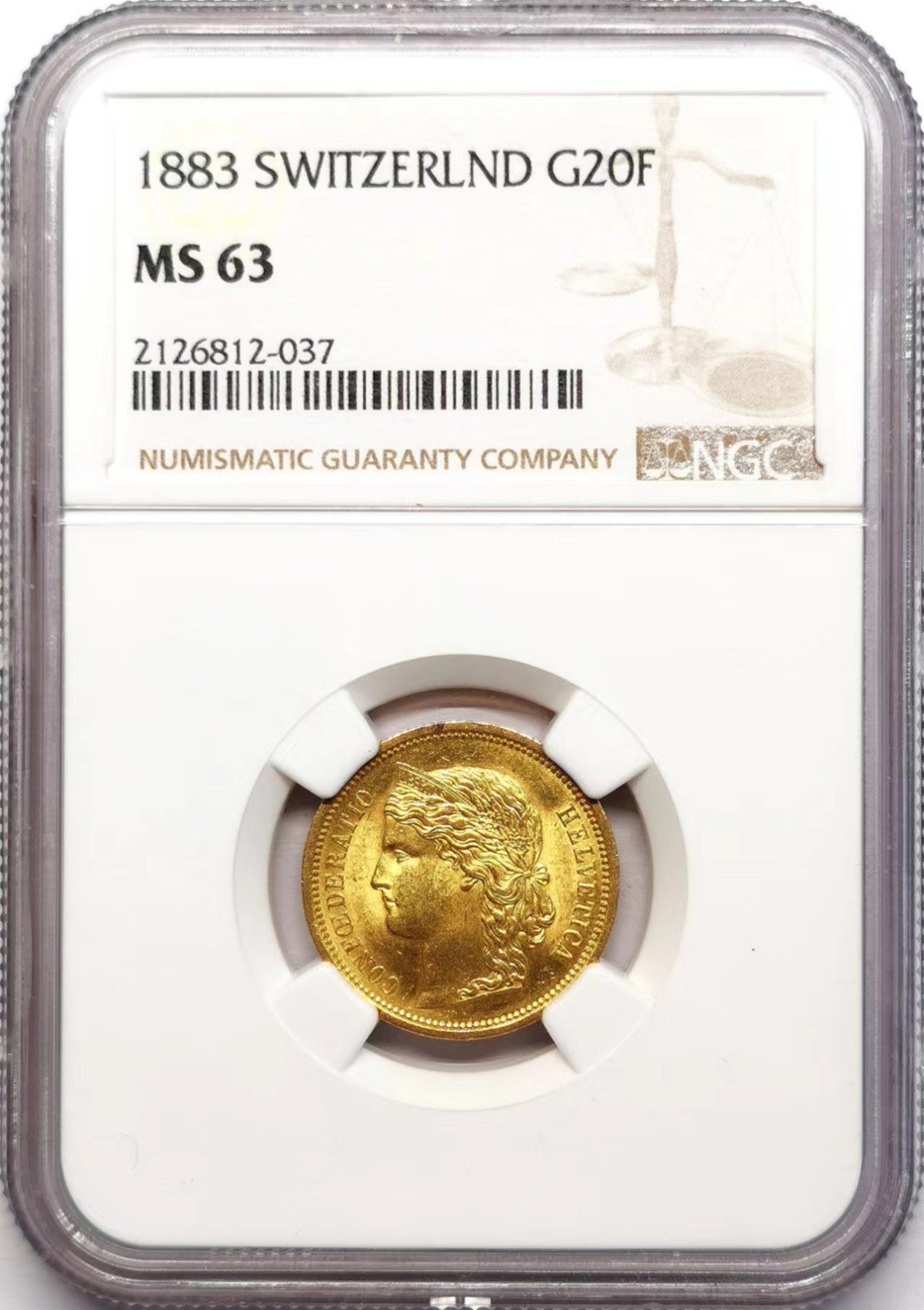 凡希社世界钱币微拍第二百五十九期 1883瑞士古典主义海尔维希亚头像20法郎金币NGC-MS63 一年型，瑞士联邦第一种20法郎金币，比其后的改版图案更经典，6.452g，900金。