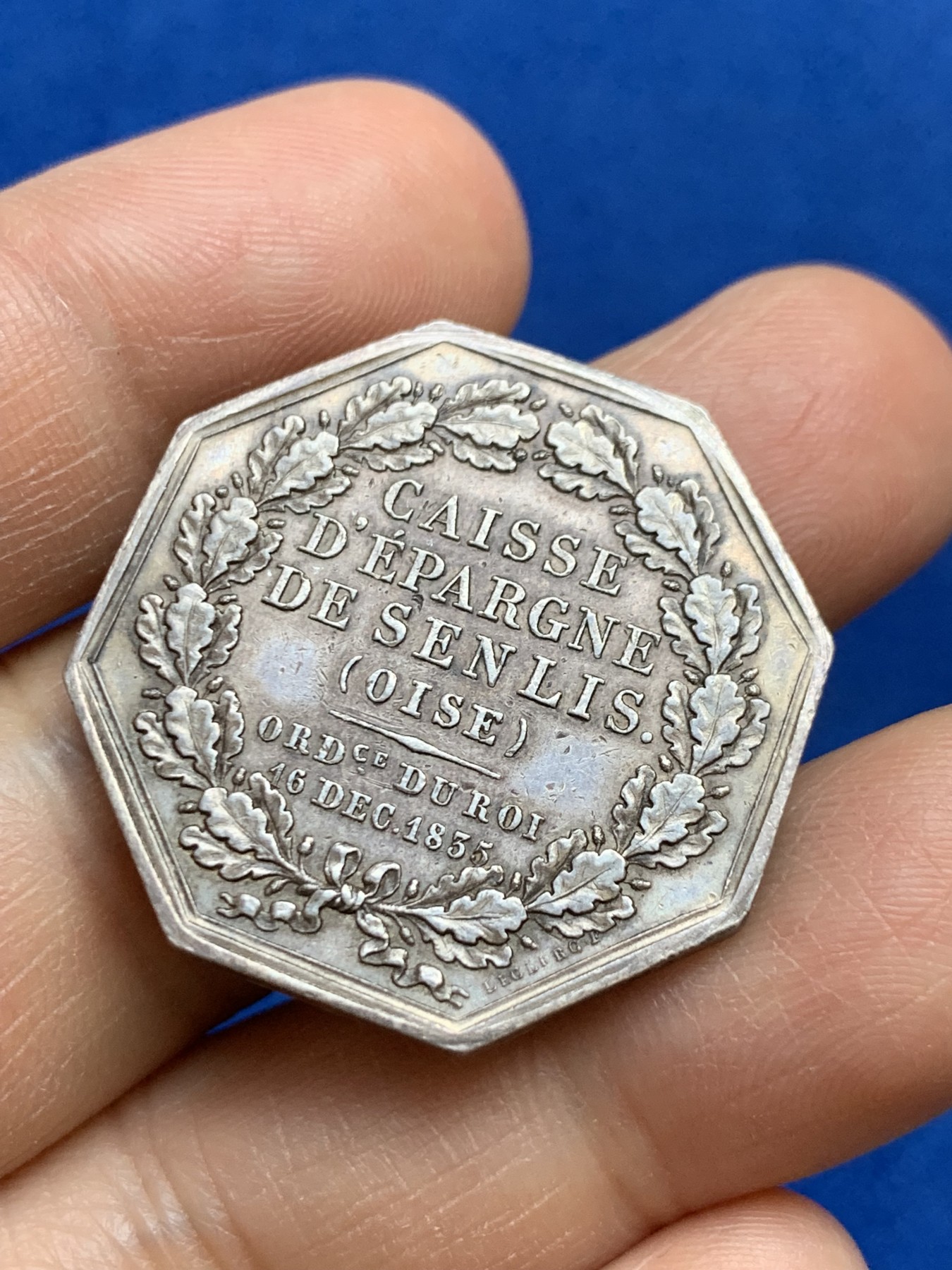 《竞宝斋》第237场- 周日，周一，周二，周日 疯狂4连拍 (全场包邮) 法国桑利斯储蓄银行银质八角代币，13.0g，30.6mm，蜜蜂边铭