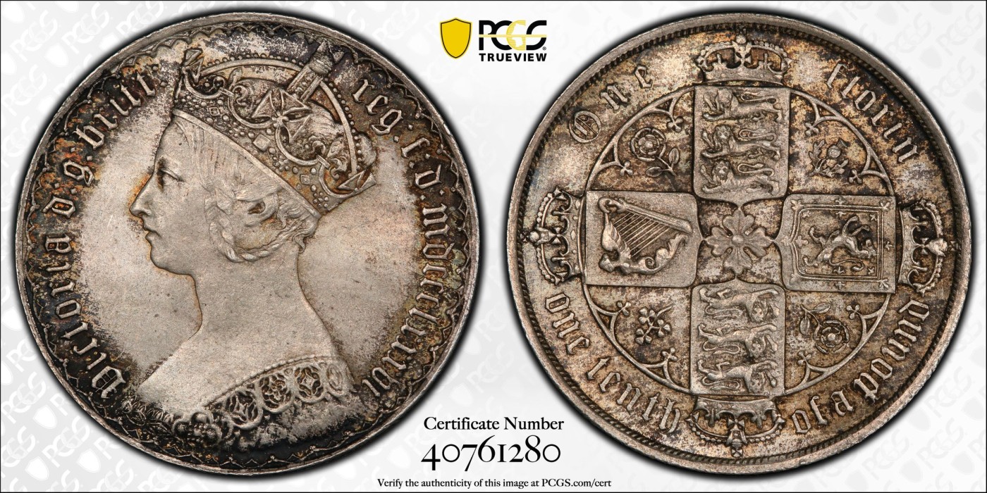 凡希社世界钱币微拍第二百五十九期 荐！1886英国小维哥特式佛罗林PCGS-MS64 华丽的黑金环彩，个性化的视觉审美，被PCGS选为封面顶格币！