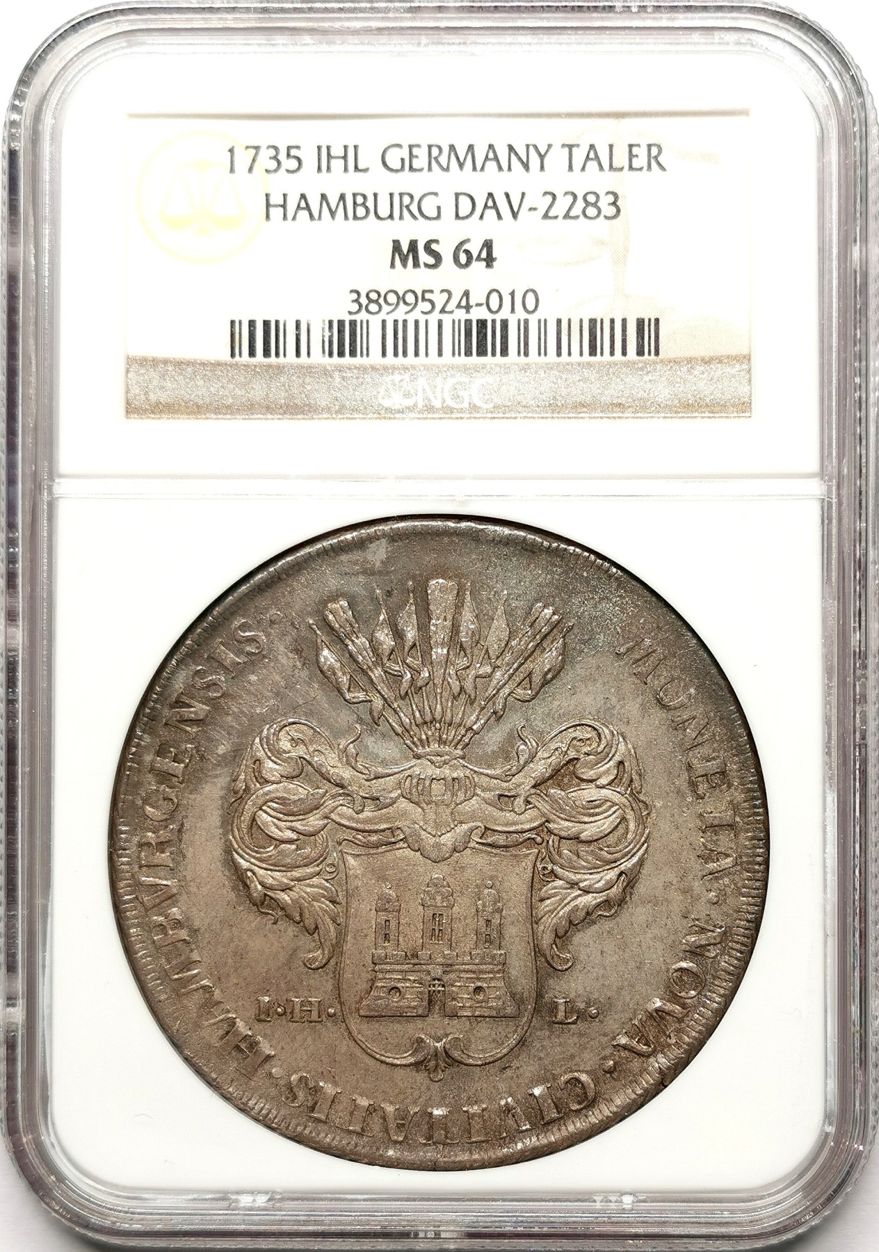 凡希社世界钱币微拍第二百五十九期 荐！1735IHL汉萨同盟汉堡自由市盾徽与双头鹰泰勒大银NGC-MS64 一年型，N冠军分，迷人的欧陆哑光五彩，德系藏家不可错过的一枚！