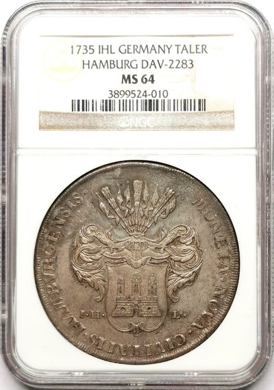 凡希社世界钱币微拍第二百五十九期 - 荐！1735IHL汉萨同盟汉堡自由市盾徽与双头鹰泰勒大银NGC-MS64 一年型，N冠军分，迷人的欧陆哑光五彩，德系藏家不可错过的一枚！