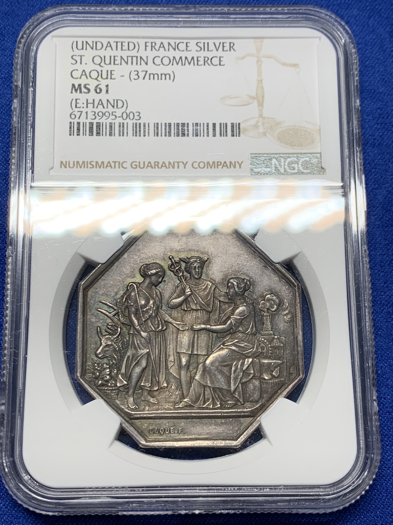 《竞宝斋》第237场- 周日，周一，周二，周日 疯狂4连拍 (全场包邮) NGC MS61 法国1845-1860 圣康坦商会 银质八角代币 少见品种 包浆高点俱在 手指铭  