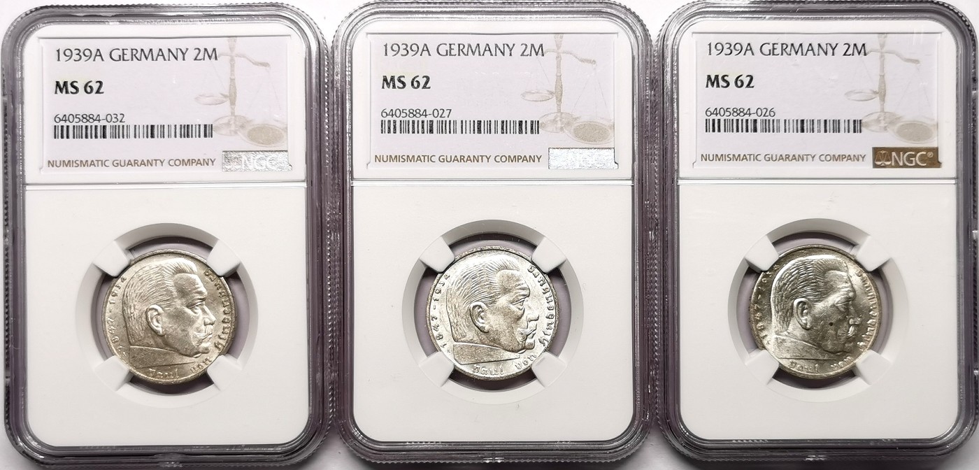 凡希社世界钱币微拍第二百五十九期 德国兴登堡2/5马克三枚一组NGC-MS62