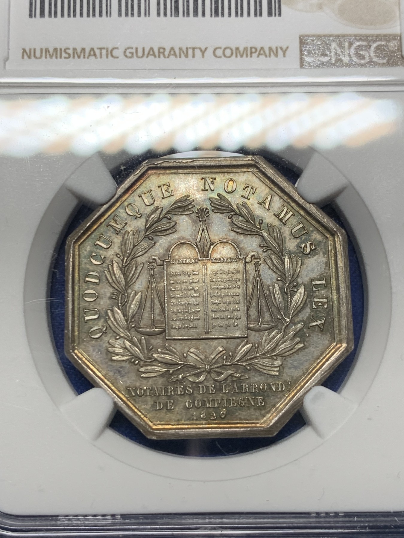 《竞宝斋》第237场- 周日，周一，周二，周日 疯狂4连拍 (全场包邮) NGC MS64 法国 1830 贡比涅公证人 银质八角代币 双面深彩包浆 手指铭早期品种 