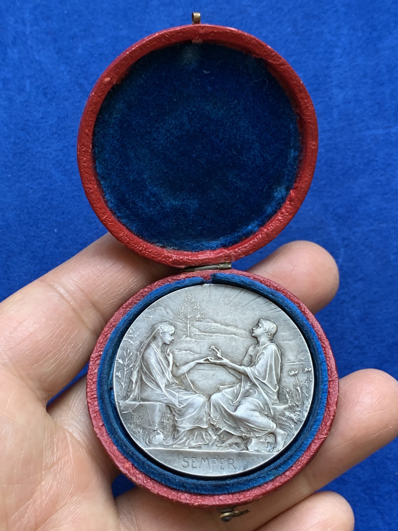 《竞宝斋》第237场- 周日，周一，周二，周日 疯狂4连拍 (全场包邮) 法国O.ROTY 1896年“SEMPER”永恒的爱 爱情与婚姻纪念银章，32.86g，41.3mm，丰饶角边铭，手工刻字