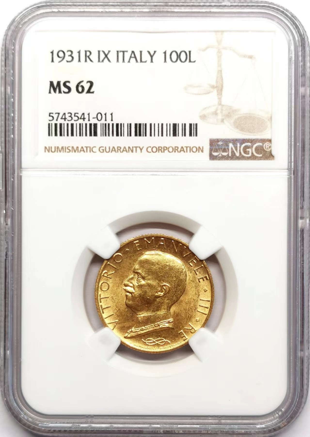 凡希社世界钱币微拍第二百五十九期 1931R意大利埃曼努尔三世100里拉金币NGC-MS62 8.799g，900金