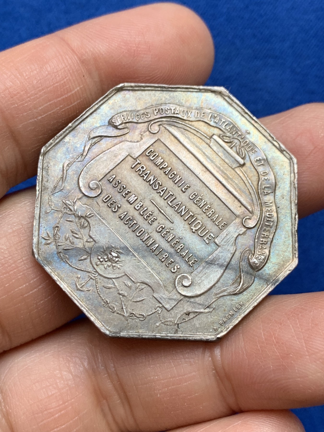 《竞宝斋》第237场- 周日，周一，周二，周日 疯狂4连拍 (全场包邮) 法国八角银章，大西洋邮政，连接着大西洋彼岸的纽约26.60g，38.5mm，丰饶角边铭