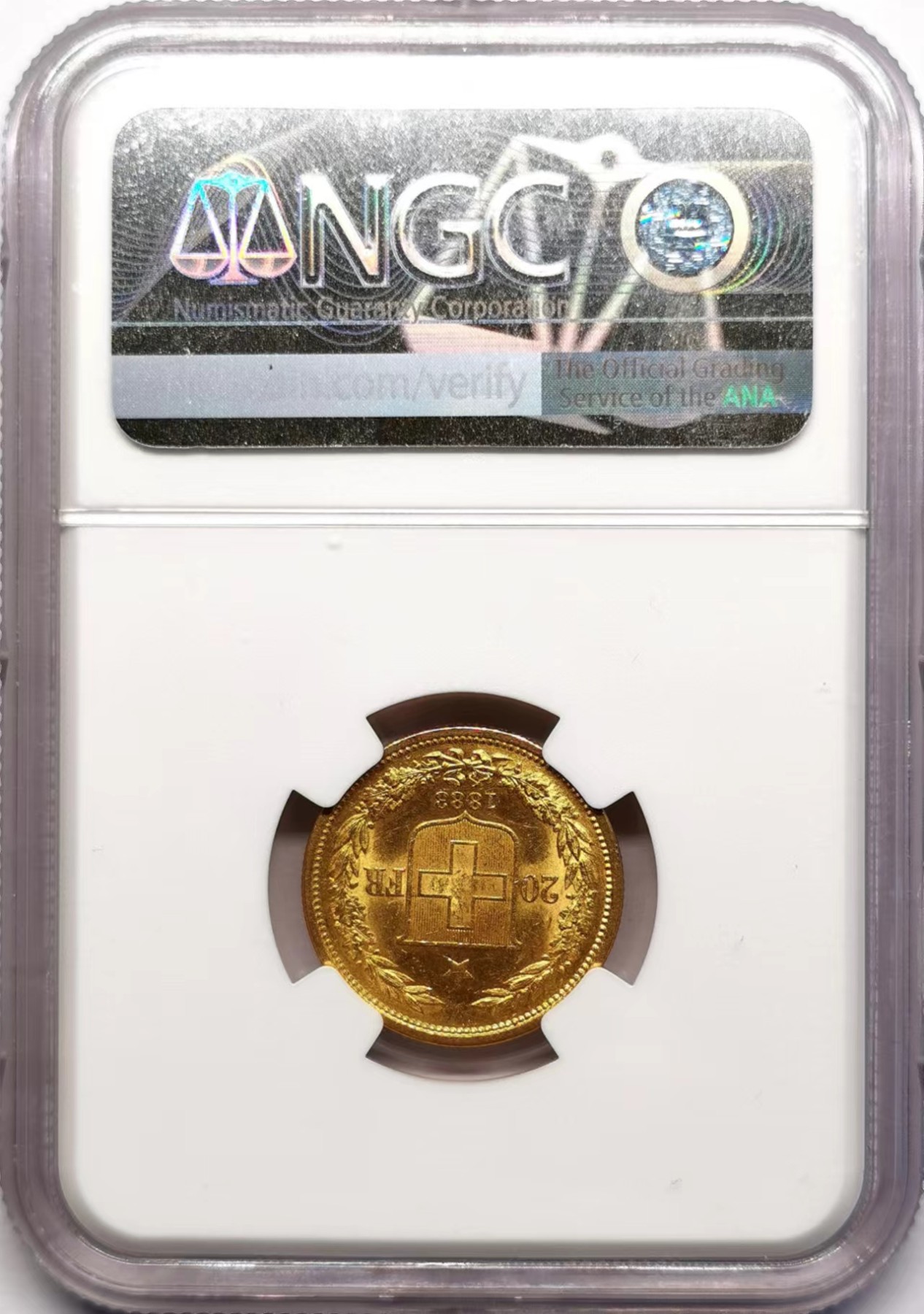 凡希社世界钱币微拍第二百五十九期 1883瑞士古典主义海尔维希亚头像20法郎金币NGC-MS63 一年型，瑞士联邦第一种20法郎金币，比其后的改版图案更经典，6.452g，900金。