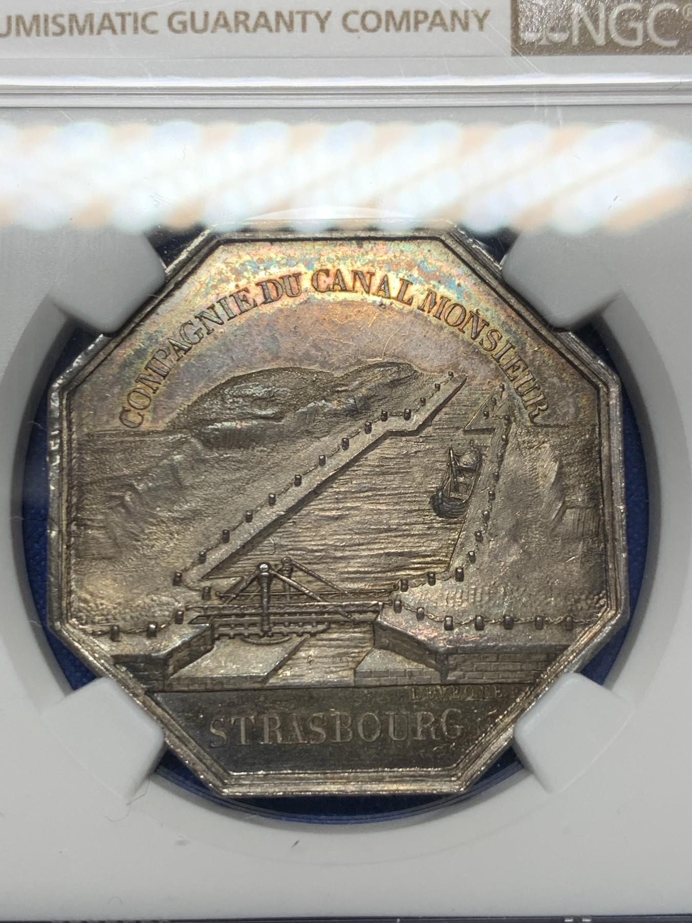 《竞宝斋》第237场- 周日，周一，周二，周日 疯狂4连拍 (全场包邮) NGC MS63 法国 1821 斯特拉斯堡运河公司 银质八角代币 细节极其丰富 少见品种 