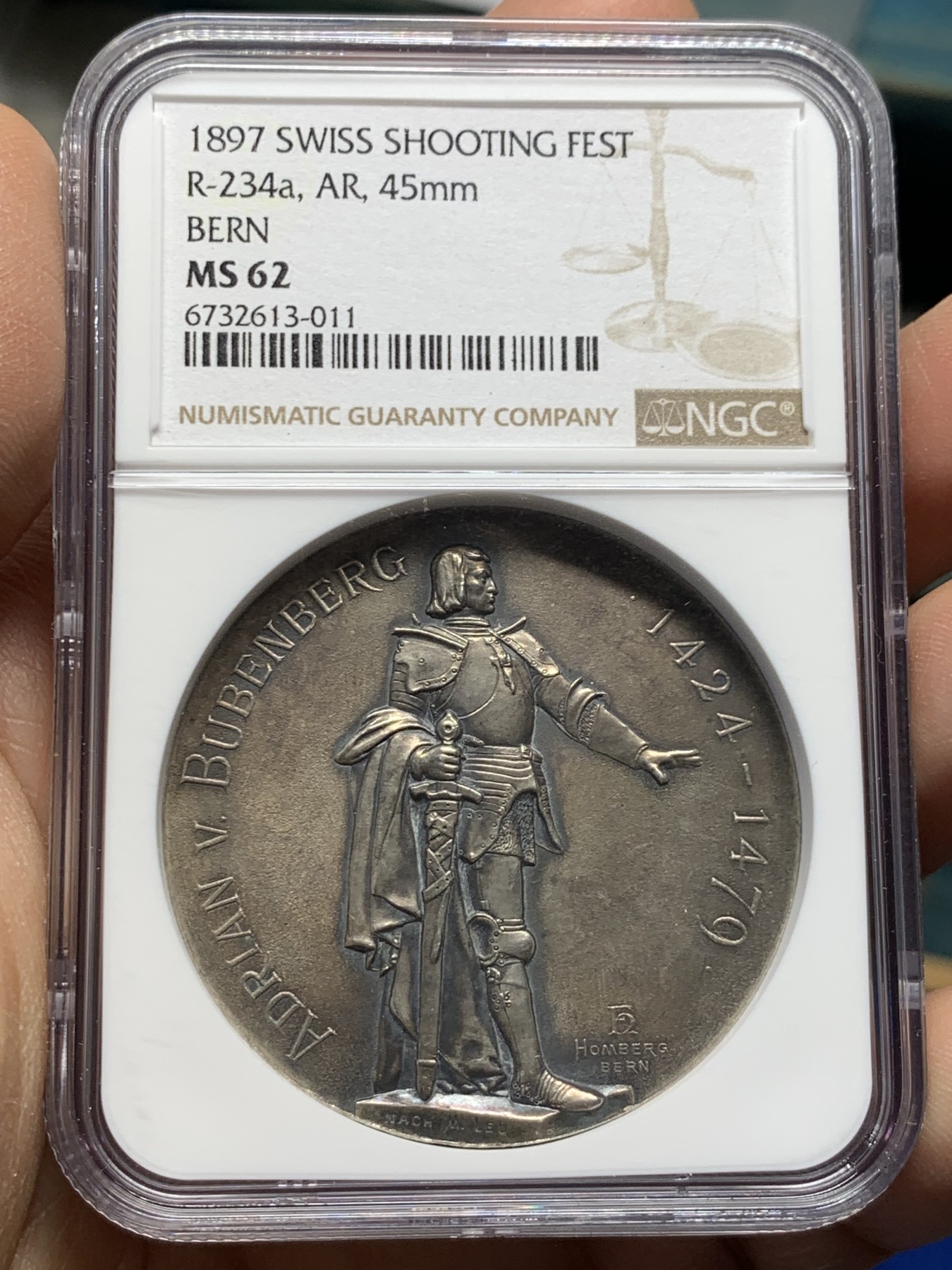 《竞宝斋》第237场- 周日，周一，周二，周日 疯狂4连拍 (全场包邮) NGC MS62 瑞士 1897 伯尔尼射击节 大银章 黑灰色包浆 细节好 熊的绒毛可见 