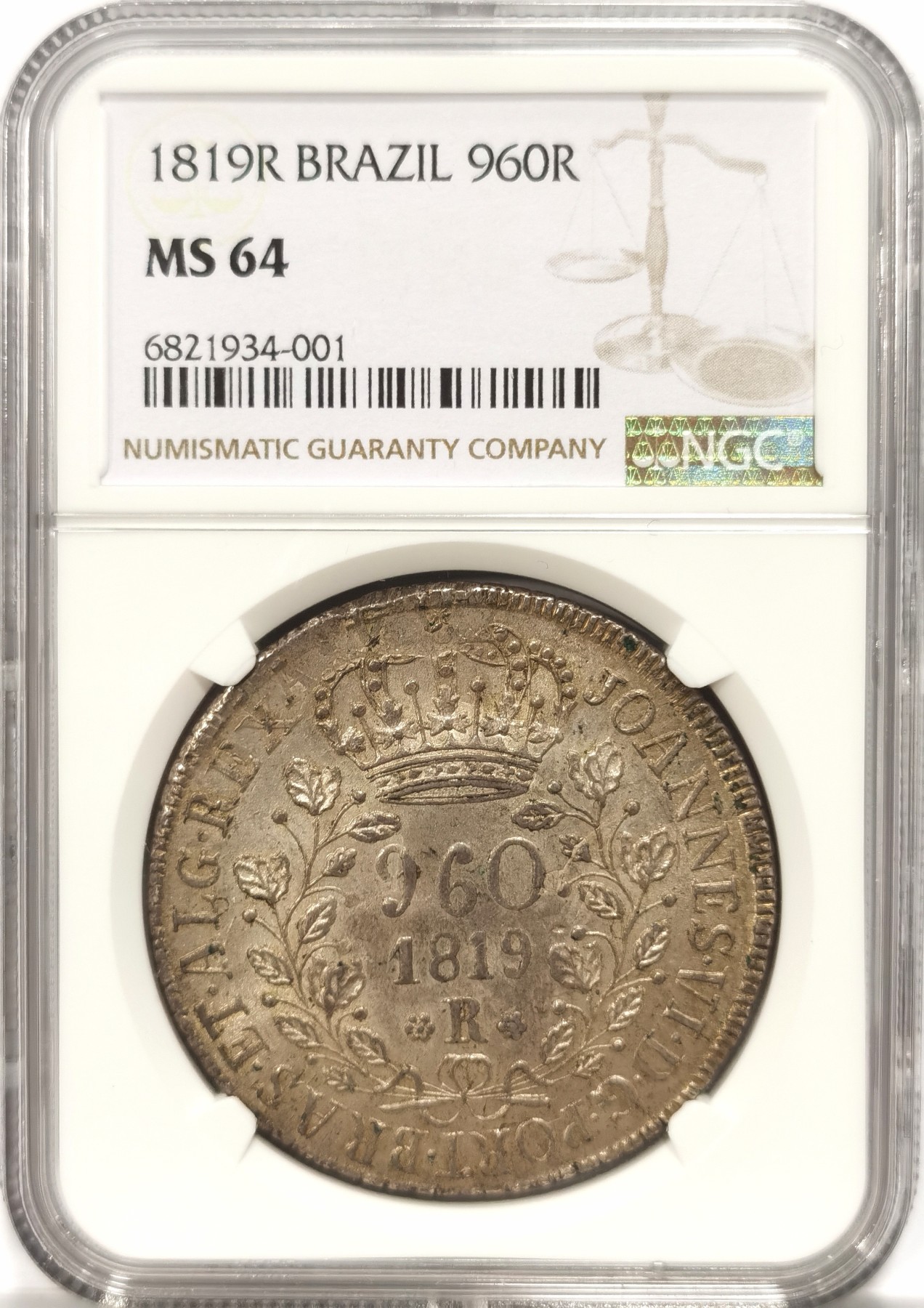 博洋堂“芳菲春韵”3月精品大拍专场暨第166期（全场包邮） NGC MS64 葡属巴西1819年R版960R大银币，丝滑包浆状态，打制极佳，藏家收藏首选