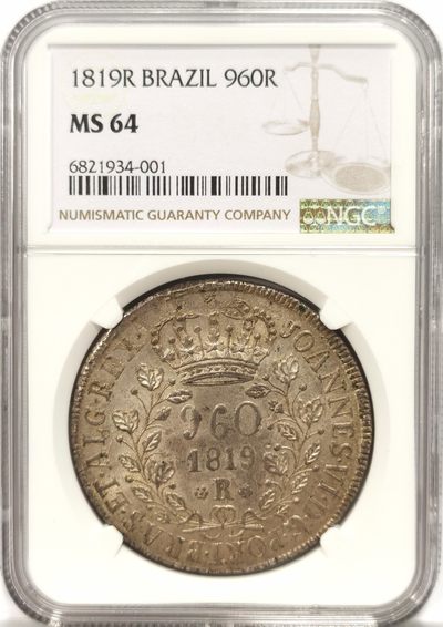 博洋堂“芳菲春韵”3月精品大拍专场暨第166期（全场包邮） - NGC MS64 葡属巴西1819年R版960R大银币，丝滑包浆状态，打制极佳，藏家收藏首选