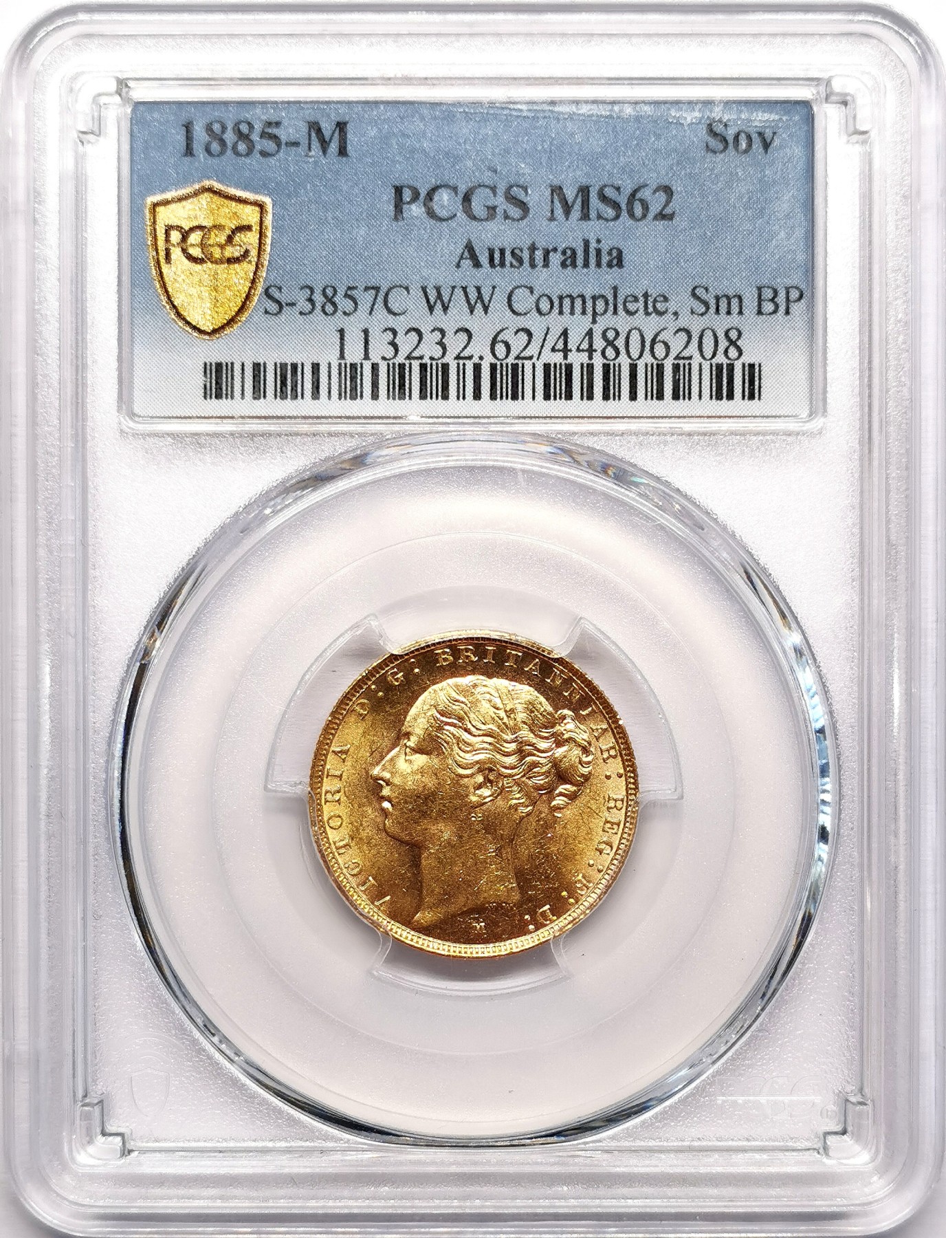 凡希社世界钱币微拍第二百五十九期 荐！1885M澳大利亚小维索维林金币PCGS-MS62 墨尔本厂，小字BP版，书价高昂的收藏级品质！
