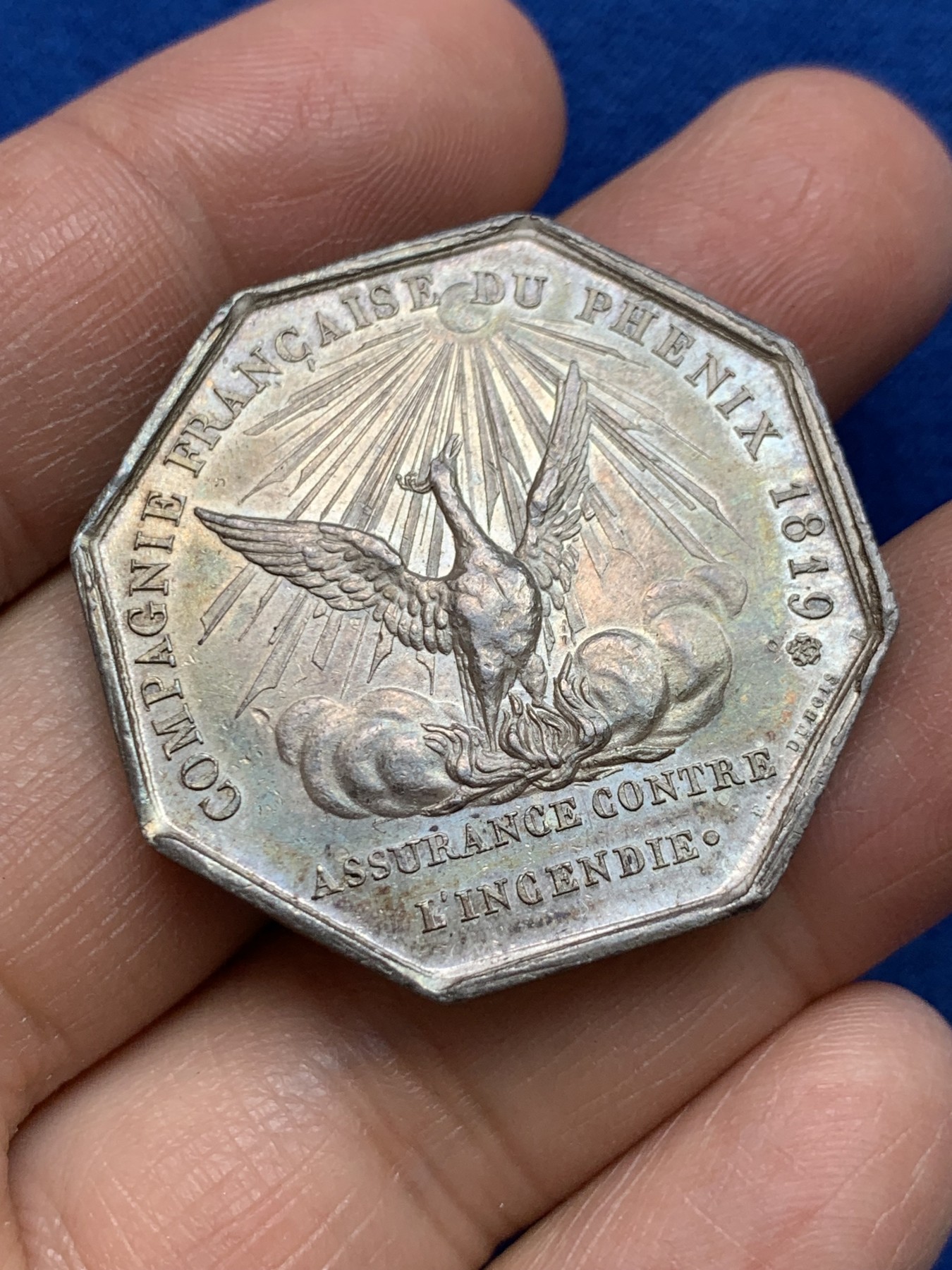 《竞宝斋》第237场- 周日，周一，周二，周日 疯狂4连拍 (全场包邮) 法国 1832-1841 八角银质代币，凤凰火灾保险公司，涅槃重生 菲利普一世头像，神灯边铭 22.82克，36毫米