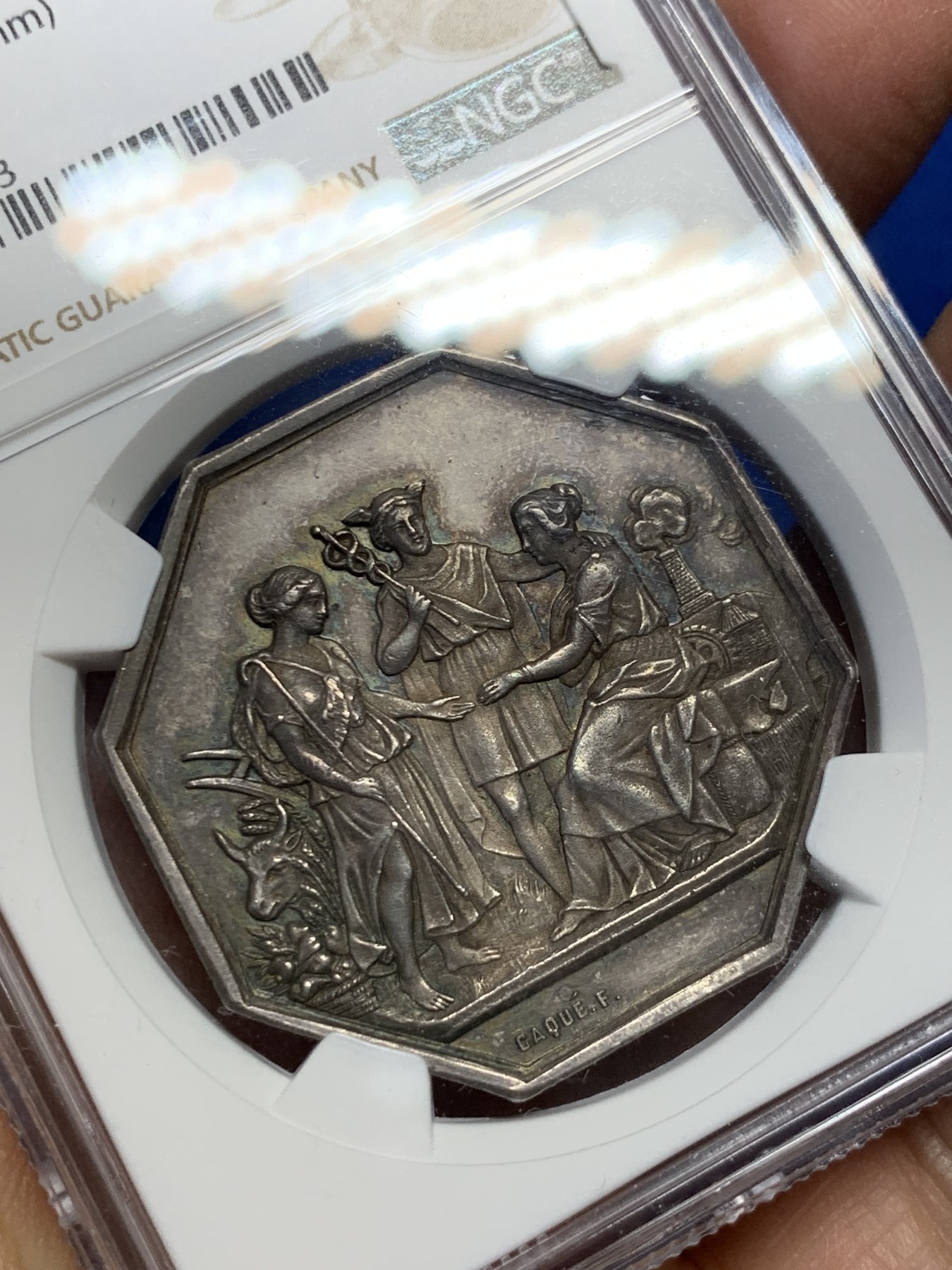 《竞宝斋》第237场- 周日，周一，周二，周日 疯狂4连拍 (全场包邮) NGC MS61 法国1845-1860 圣康坦商会 银质八角代币 少见品种 包浆高点俱在 手指铭  