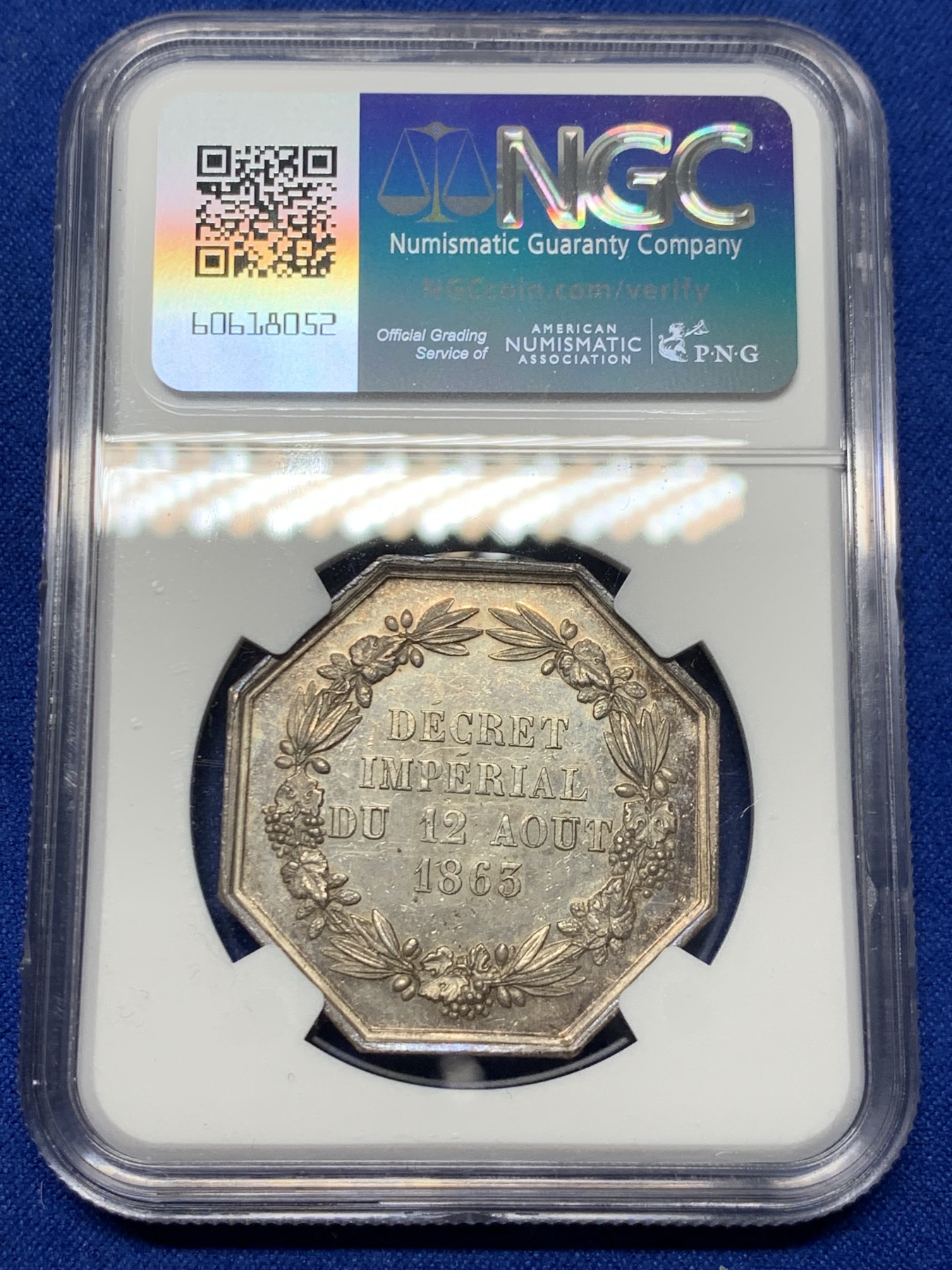 《竞宝斋》第237场- 周日，周一，周二，周日 疯狂4连拍 (全场包邮) NGC MS62 法国 1863 中央保险公司 小火龙 银质八角代币 蜜蜂边铭 漂亮  