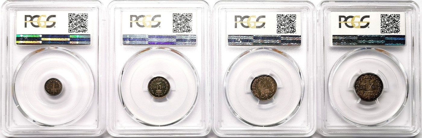 凡希社世界钱币微拍第二百五十九期 荐！1887英国小维濯足币四枚全套PCGS-PL66 精彩绝伦的五彩高分！4便士为P封面币！