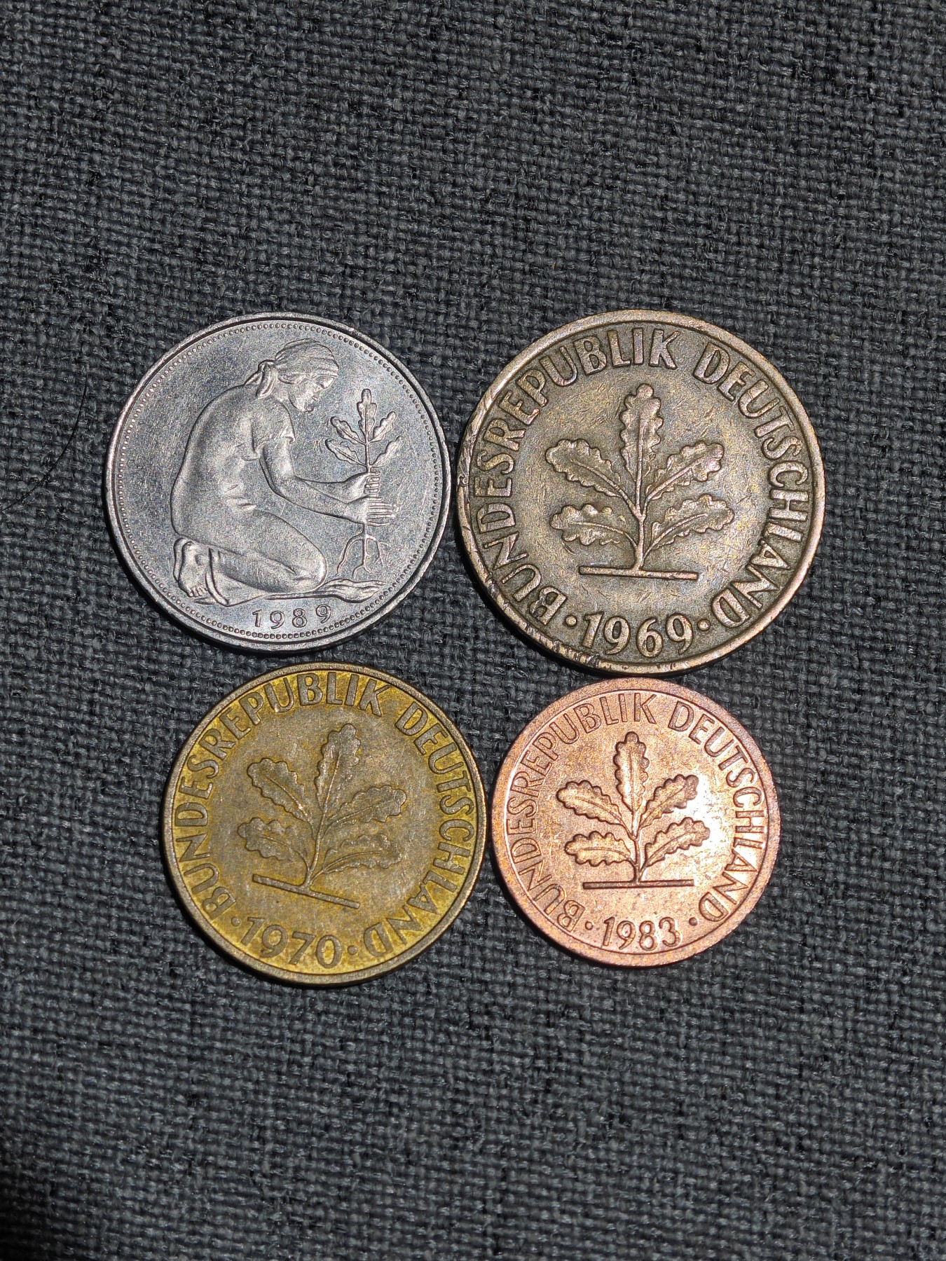 外国硬币收藏第8期 西德50、10、5、1芬尼4枚